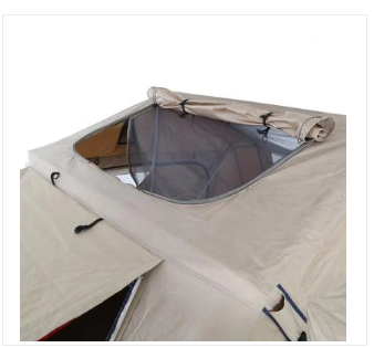 Rooftop tent for your RV rental, with an open window and mesh screen for optimal camping ventilation.. Smittybilt Overlander XL RTT