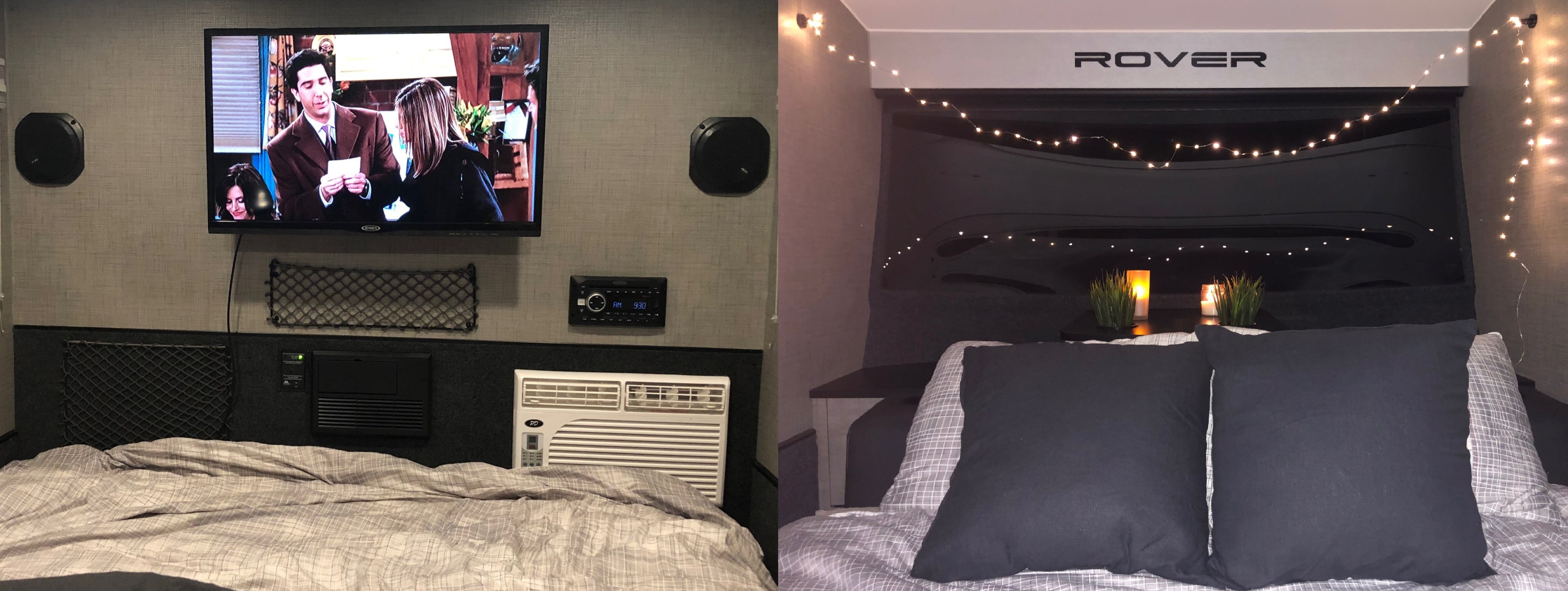 ROVER RV rental's cozy bedroom features a TV, stereo, AC, and ambient string lights above the bed.. Intech RV Luna Rover 2019
