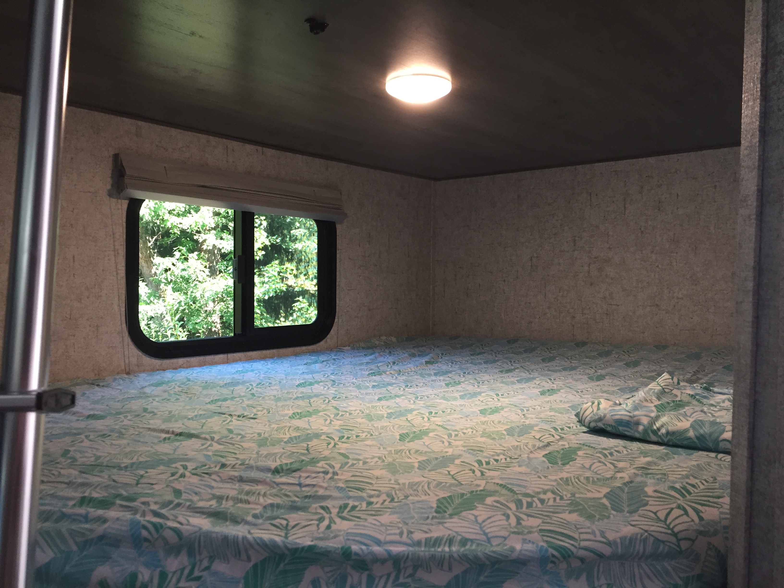RV rental bedroom interior with tropical leaf bed, window view of trees, and ceiling light on.. Coachmen Apex 2021