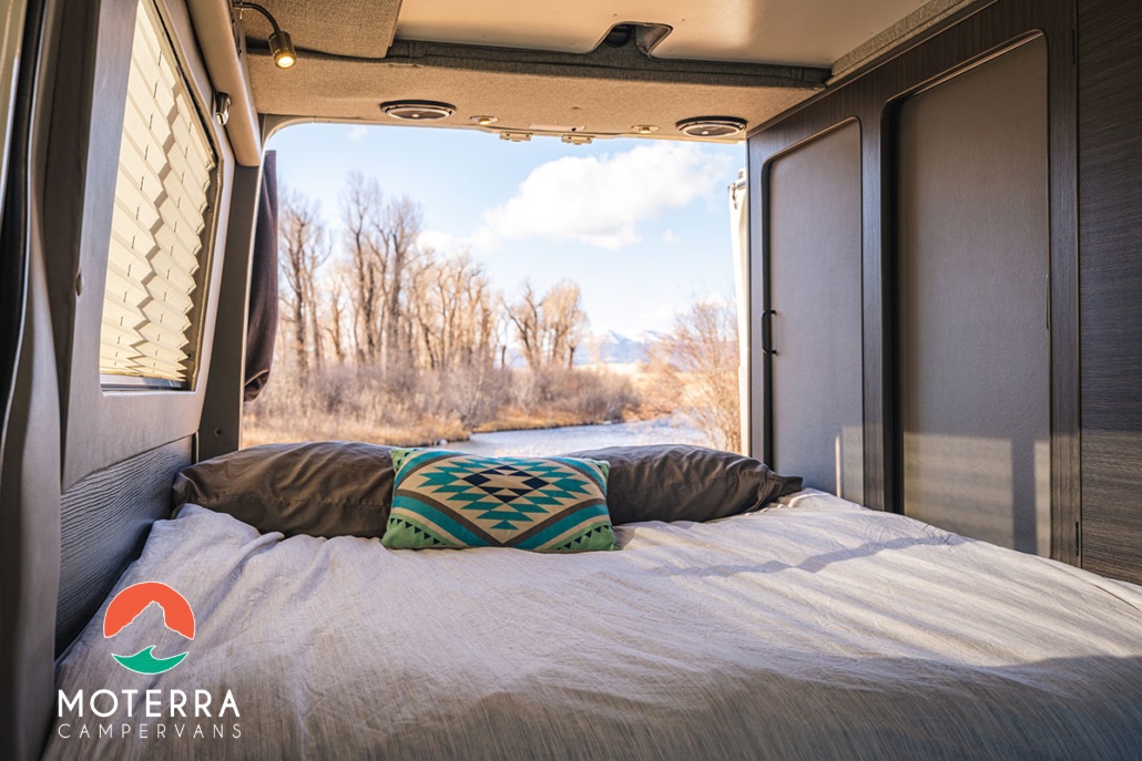 Enjoy incredible views from your comfortable RV rental bed. This camper van offers scenic nature escapes by the river.. Mercedes-Benz Sprinter 2020
