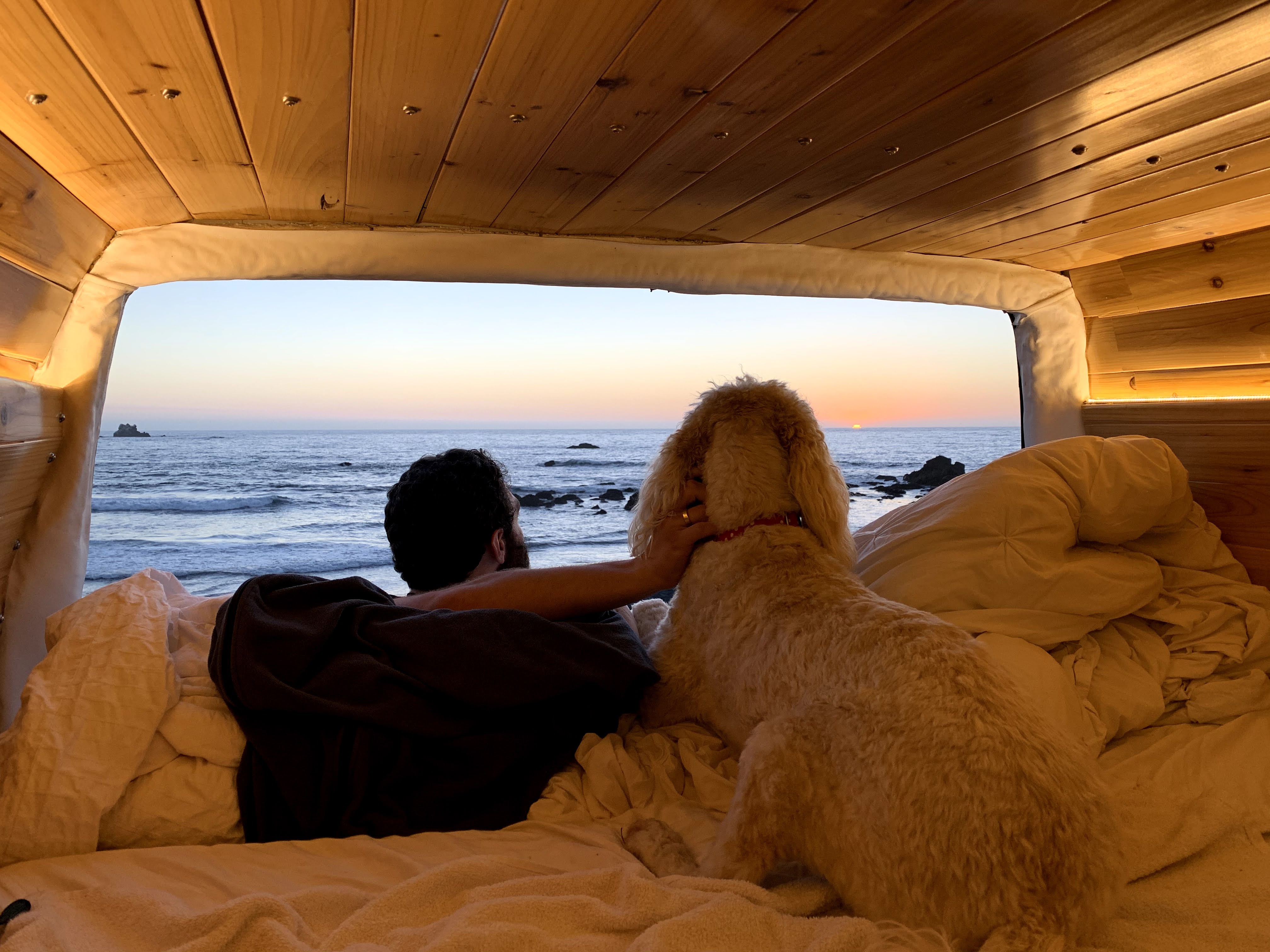 From a comfortable RV rental bed, a man and his dog gaze at a serene ocean sunset.. Mercedes Sprinter 2006