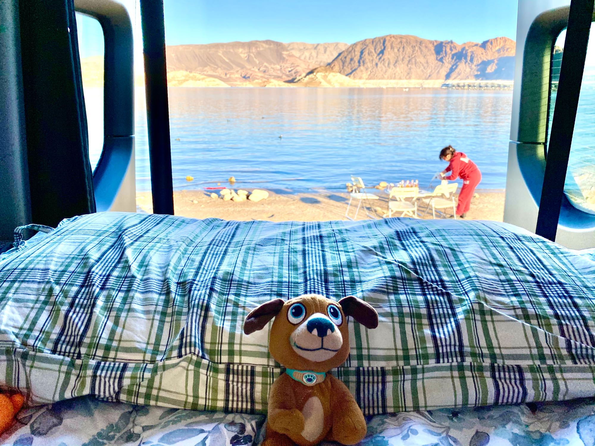 Enjoying the lake & mountain view from our RV rental. A plush dog sits on plaid bedding while someone preps outside.. Winnebago Revel 2021