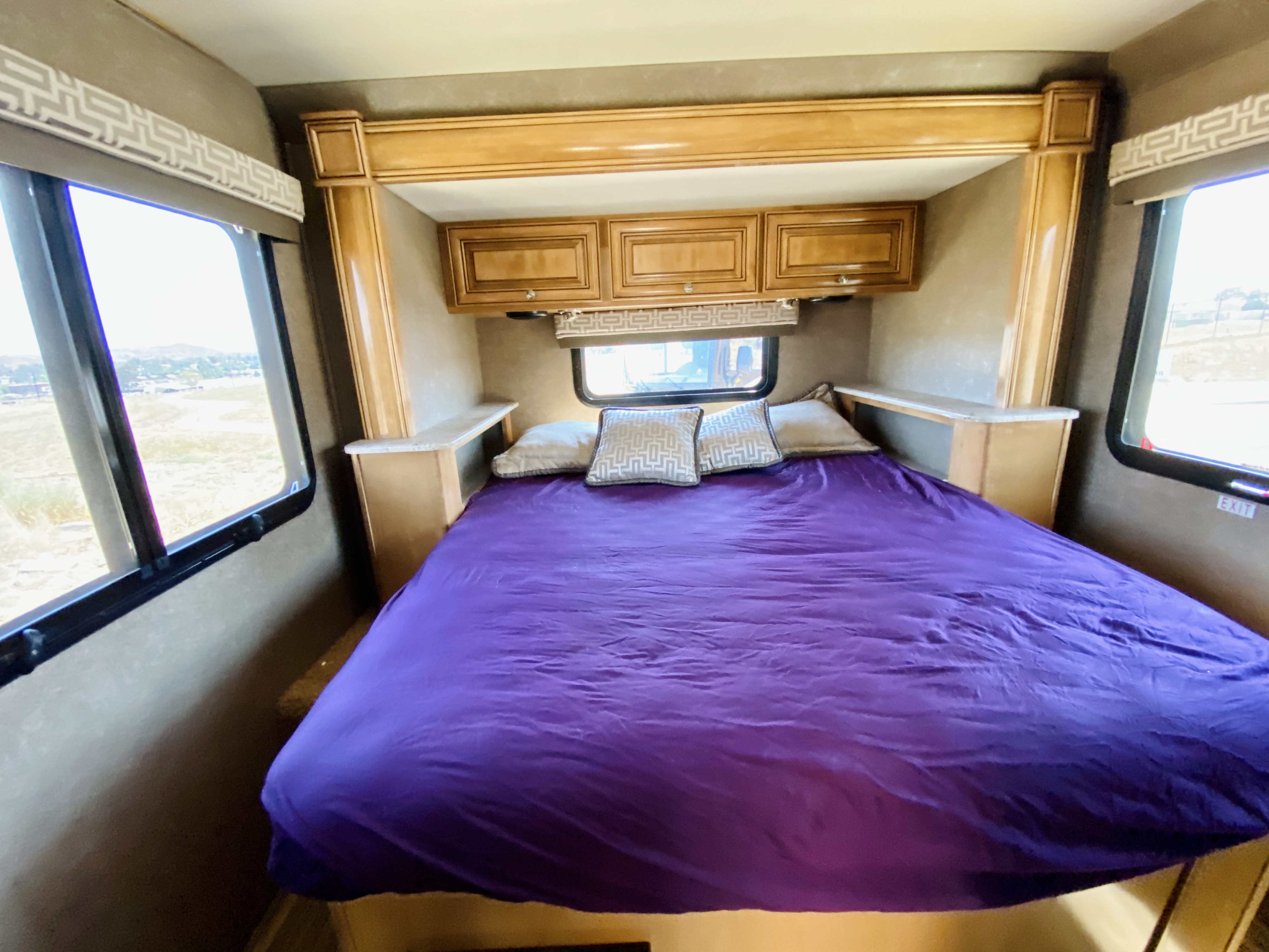 Spacious RV rental bedroom with a comfy purple bed, overhead cabinets, side shelves, and large windows.. Thor Motor Coach Other 2016