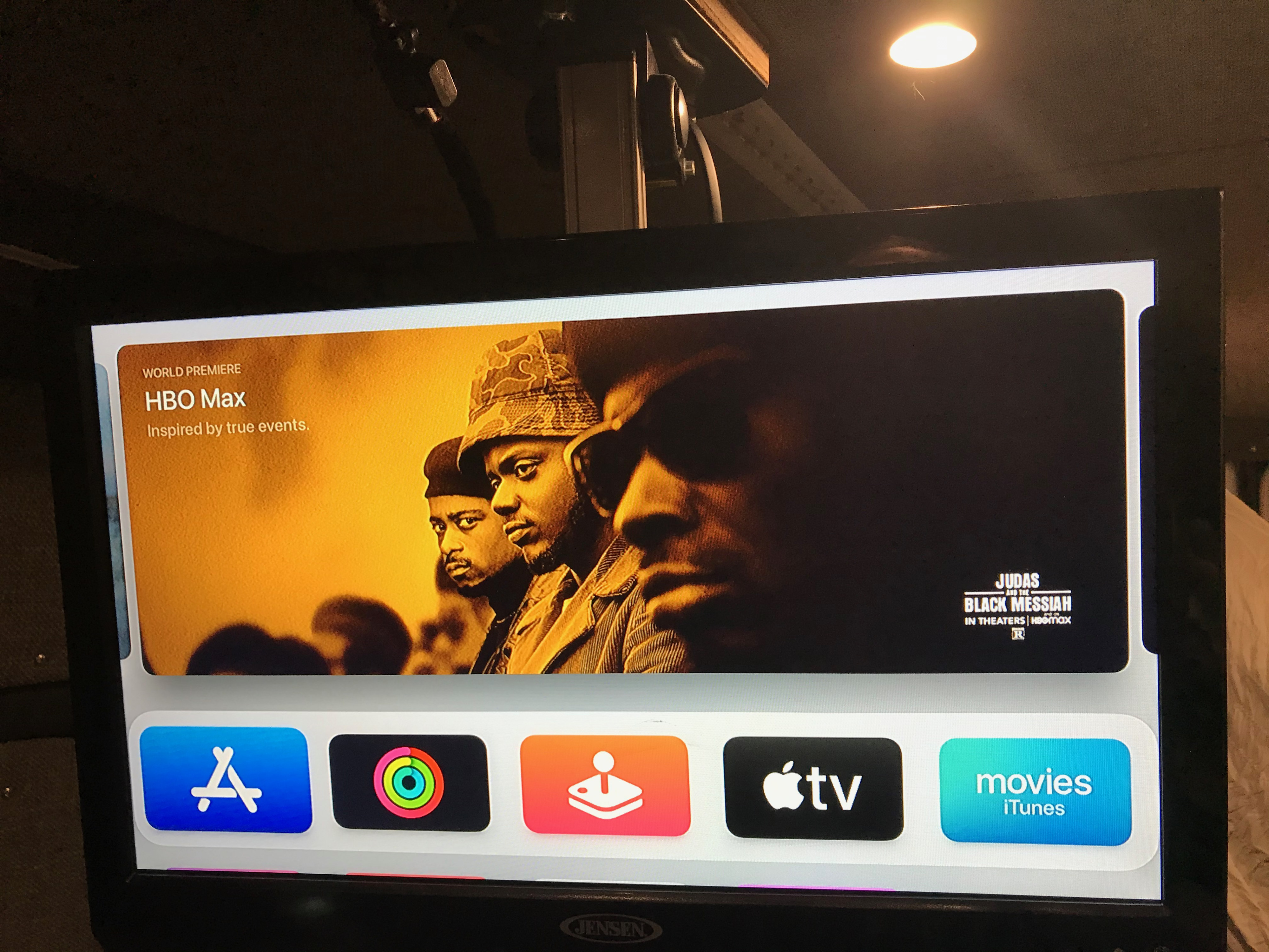 World premiere of 'Judas and the Black Messiah' on HBO Max, seen on an Apple TV and Jensen screen, perfect for an rv rental setup.. Mercedes Benz Sprinter 2018
