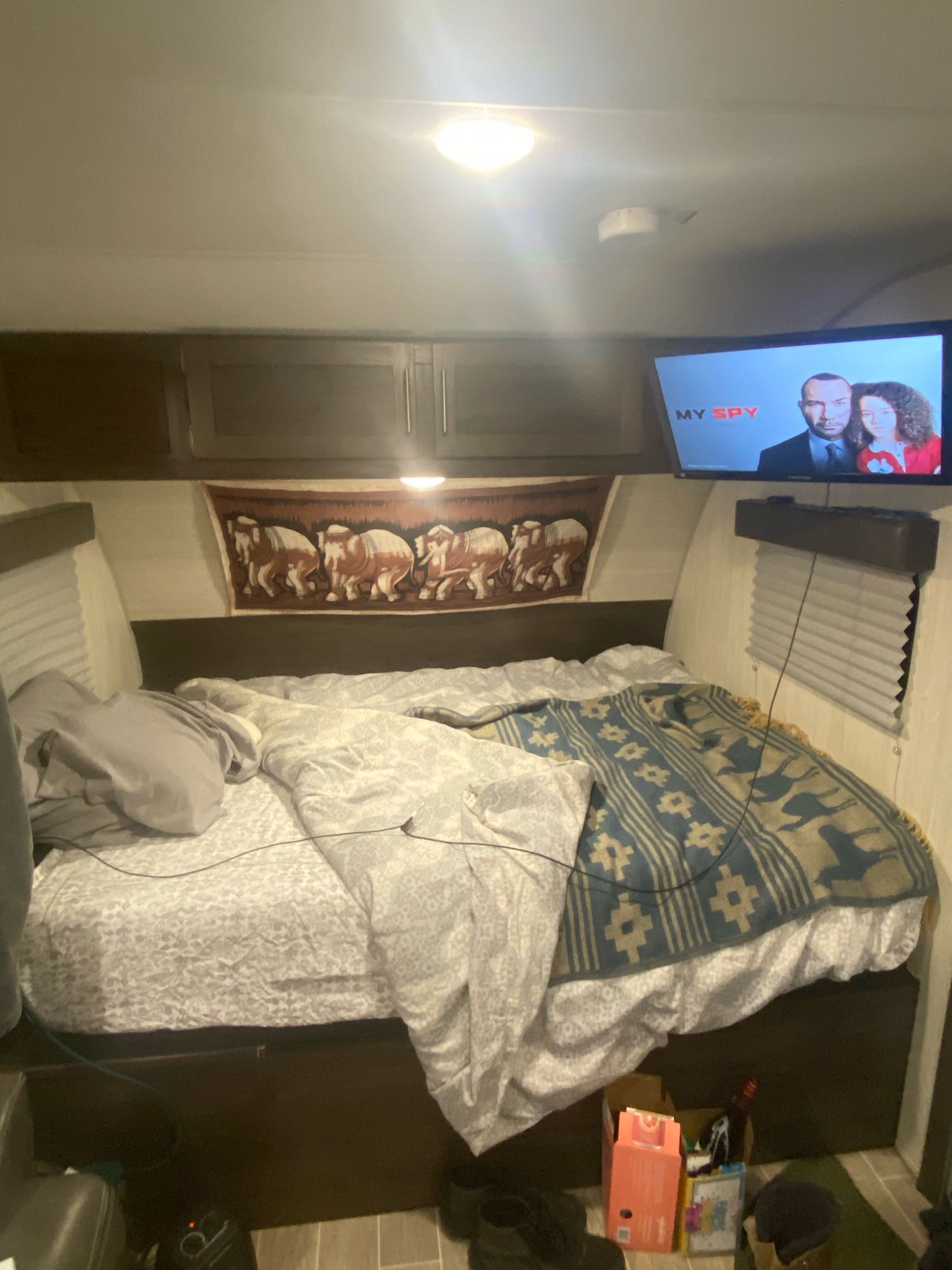 Cozy RV rental bedroom with a mounted TV playing "My Spy," overhead cabinets, and an elephant tapestry above the bed.. Forest River Cherokee Wolf Pup 2020