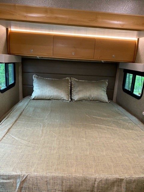 This cozy RV rental bedroom features a queen bed, overhead cabinets with lighting, and scenic side windows.. Tiffin Motorhomes Wayfarer 2019