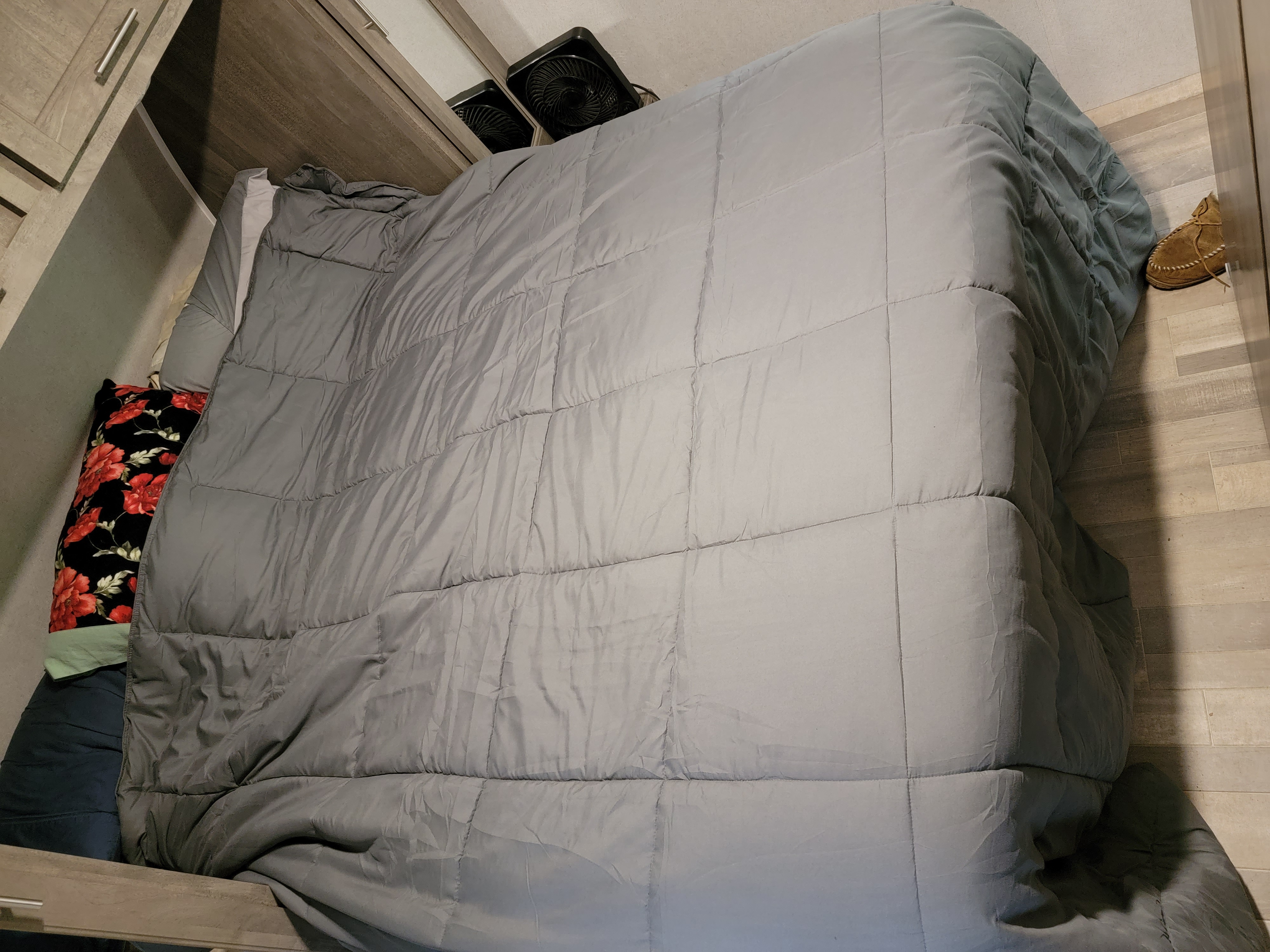 Master bedroom up front. Both sides of bed are accessible. Storage above and a closet on each side.. Forest River Vibe 2019