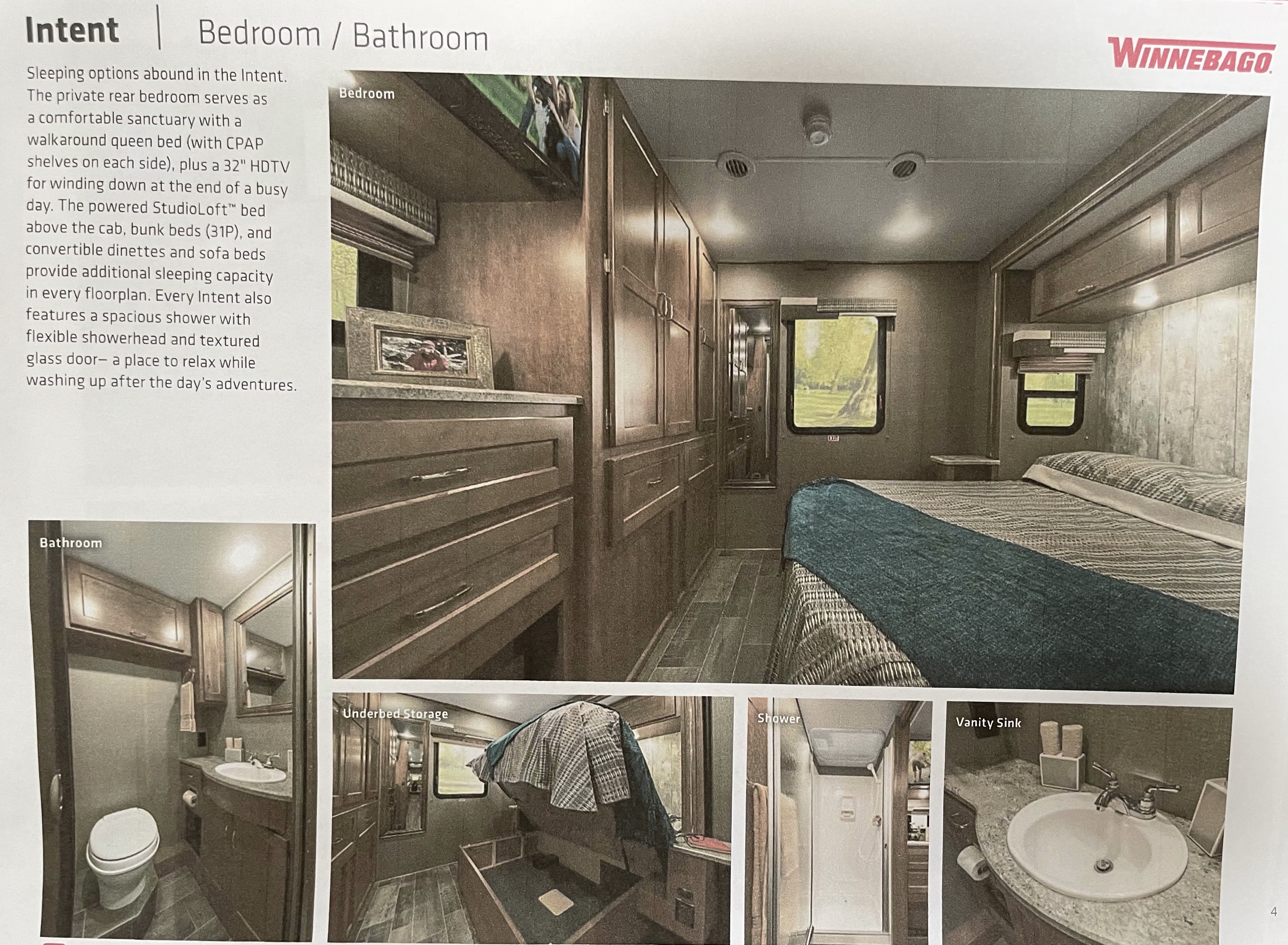 Detailed view of an RV rental bedroom with queen bed, underbed storage, and a functional bathroom with shower & vanity.. Winnebago Intent 2019