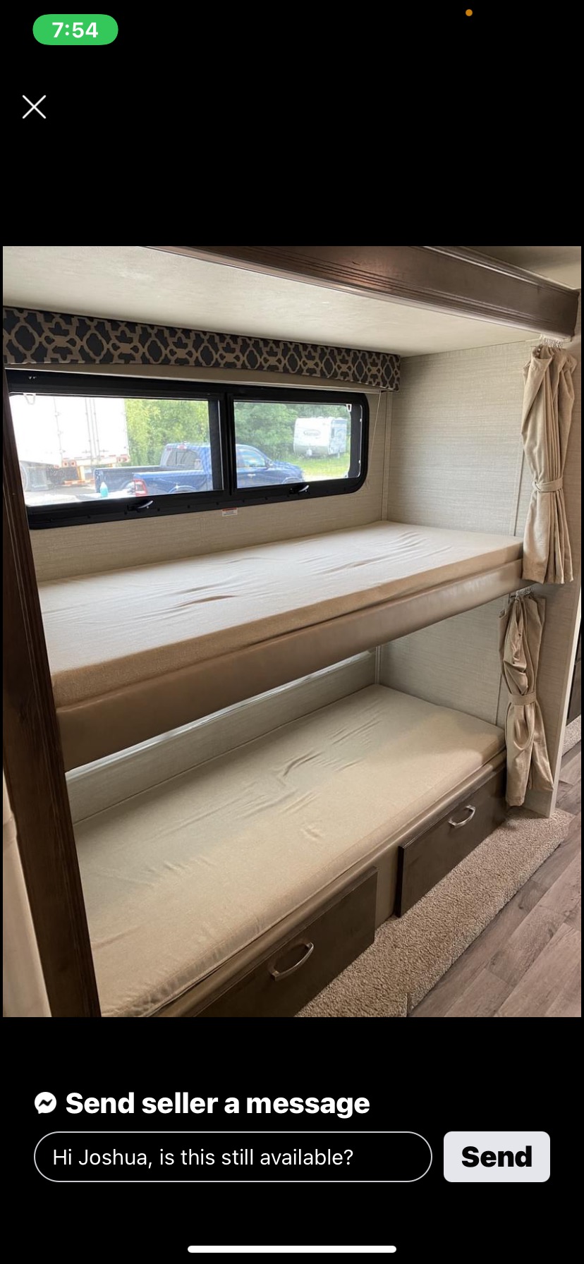 Inside this RV rental, comfortable bunk beds are ready, with windows, storage drawers, and curtains for privacy.. Jayco Redhawk 2019