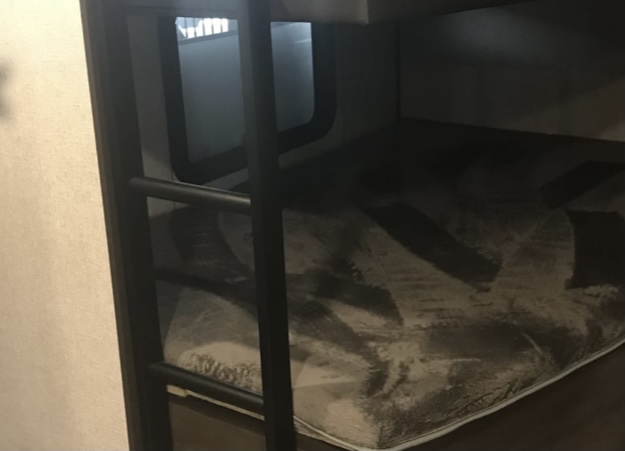 RV rental interior featuring a lower bunk bed with a dark patterned mattress and a side window.. Coleman 285BH 2021