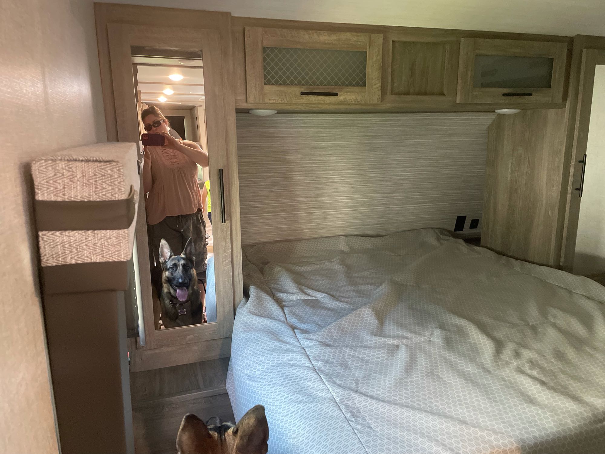 RV rental bedroom with patterned bedspread, overhead cabinets, and a mirror showing a person and a dog.. Forest River Salem Hemisphere 2021