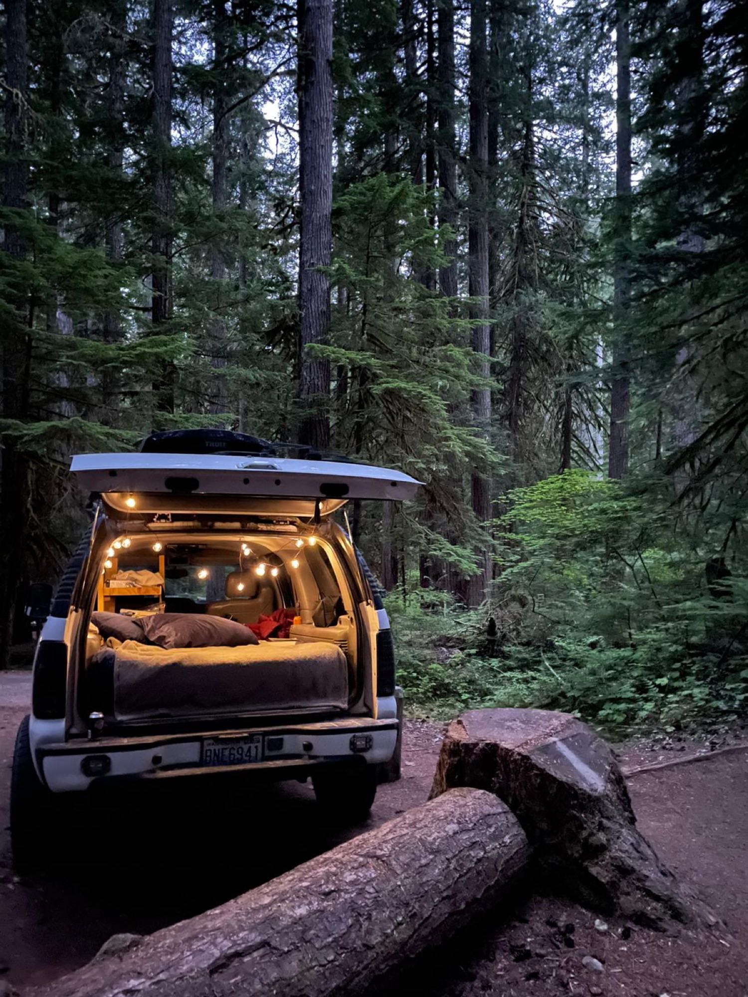 SUV converted for camping with a bed & string lights inside. Parked in a dark, dense forest by a fallen log. An rv rental alternative.. Gmc Yukon XL 2002