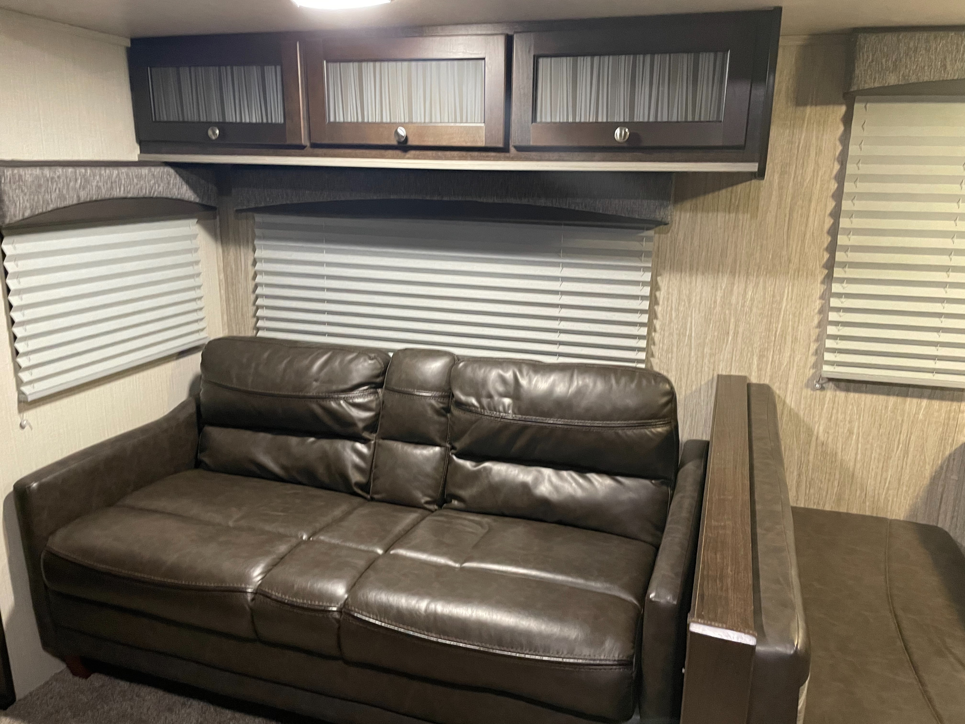 RV rental interior: brown leather sofa, dark wood cabinets with frosted glass, and pleated window blinds.. Cruiser Rv Corp Shadow Cruiser 2020