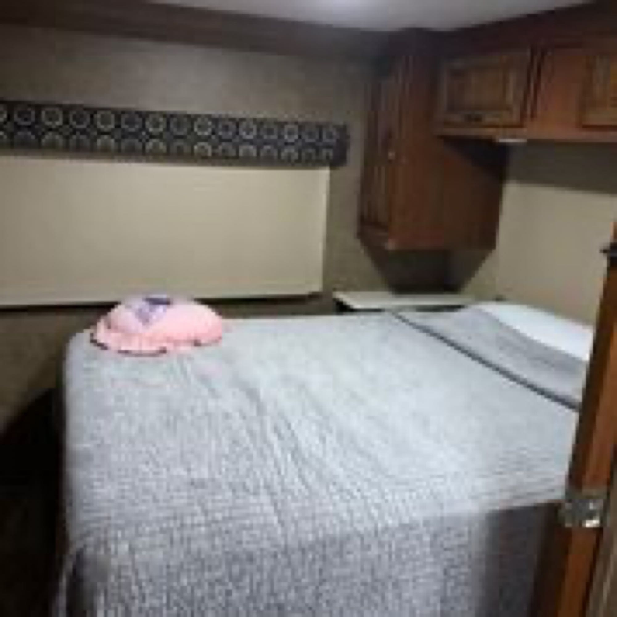 This RV rental bedroom offers a cozy bed with a pink pillow, wood cabinets, and a window for comfortable travels.. Forest River Sunseeker 2017