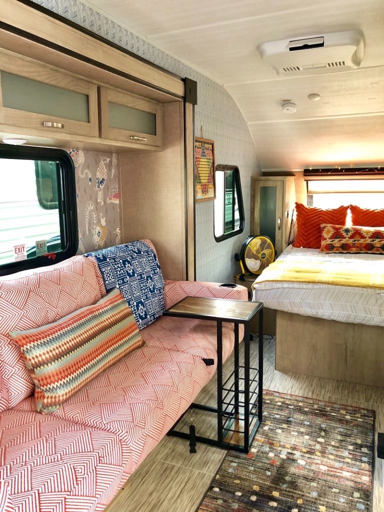 here you see the jackknife sofa bed, the slide out, and our brand new memory foam queen size bed.. Forest River R-Pod 2020