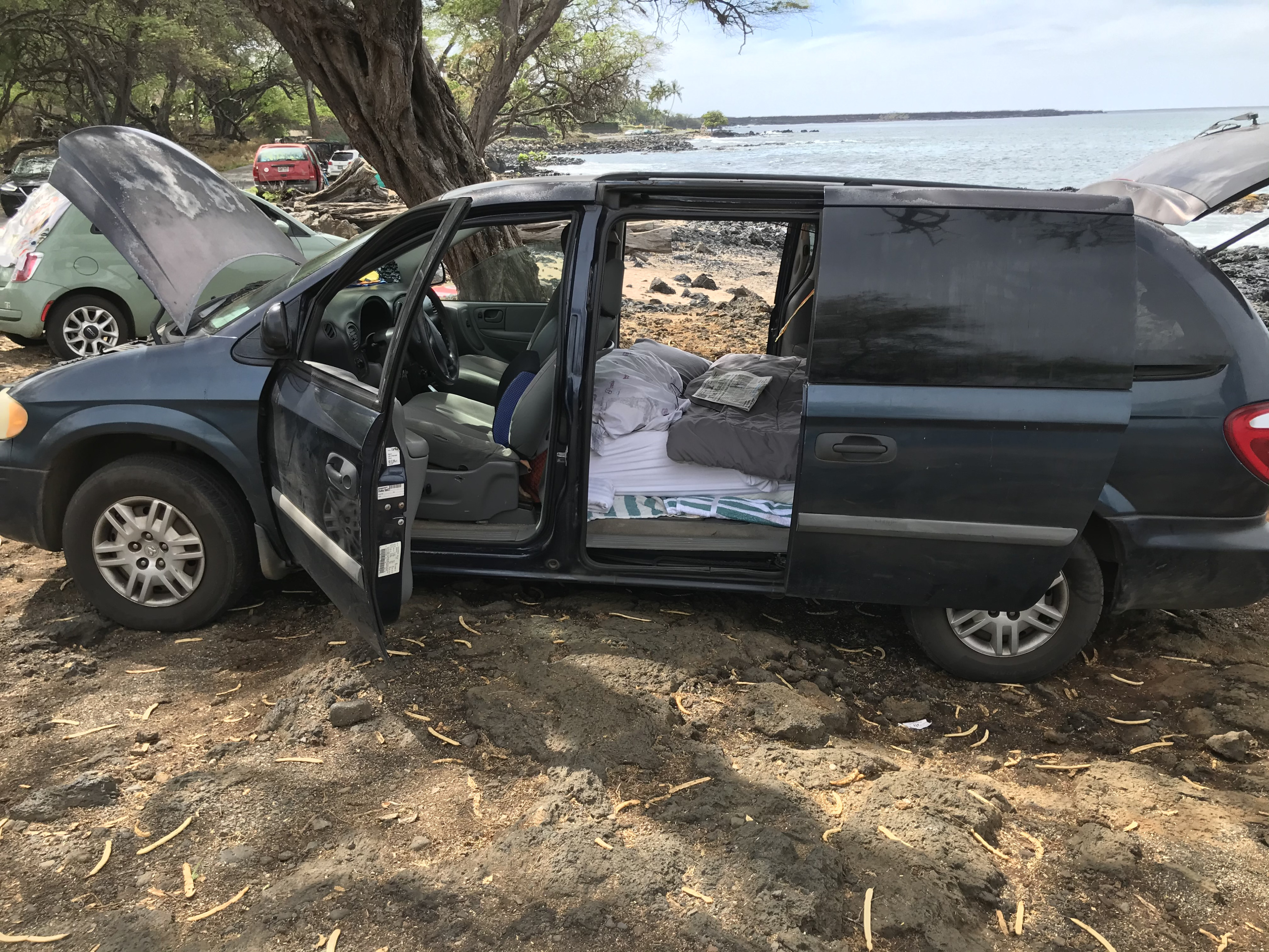 A dark blue minivan, converted for camping with a bed inside, parked oceanside. Ideal for an RV rental adventure.. Dodge B Van 2007