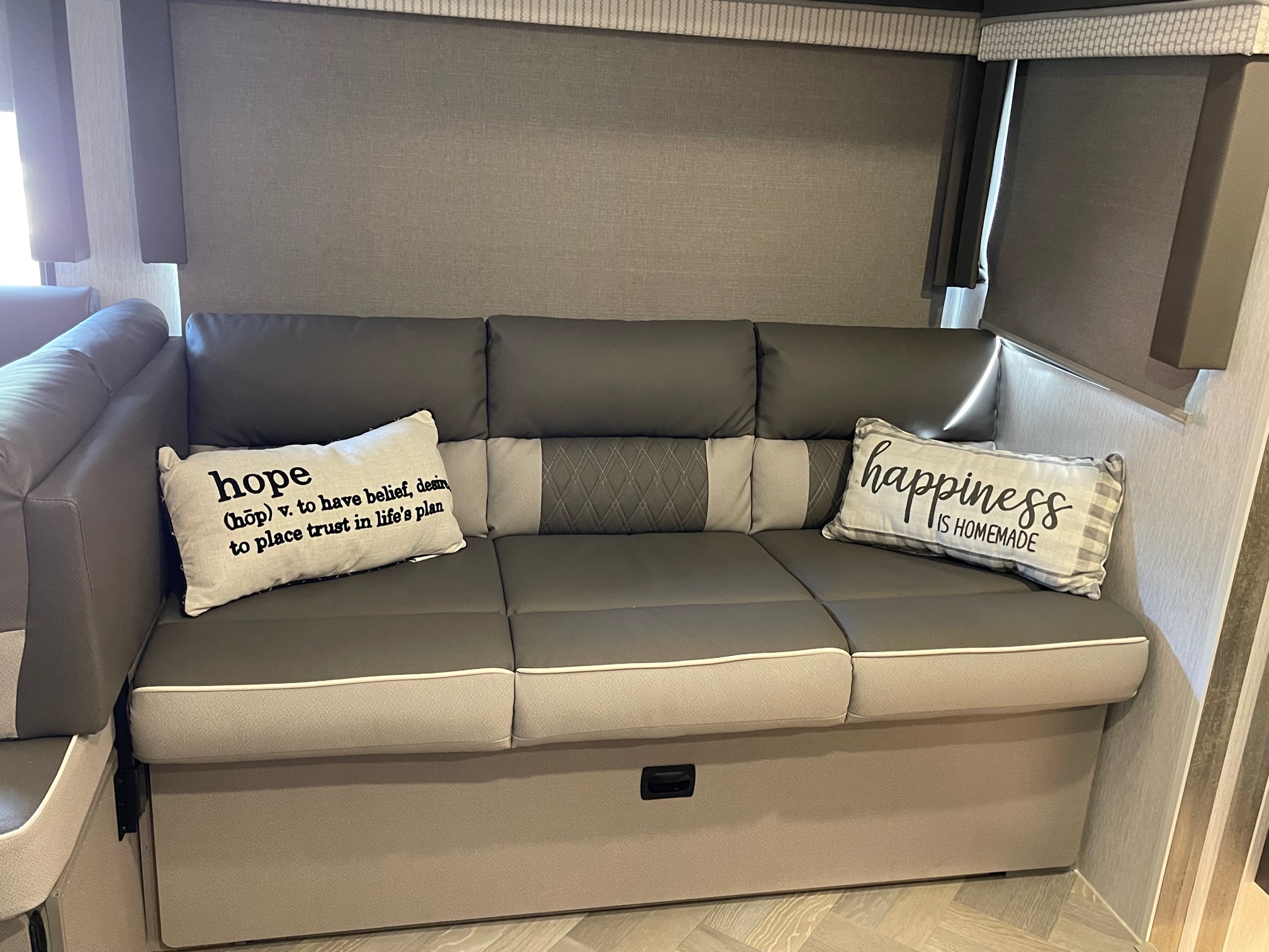 RV rental with a cozy gray sofa, throw pillows, and blinds. A comfortable living space for your journey.. Forest River Salem Cruise Lite 2022