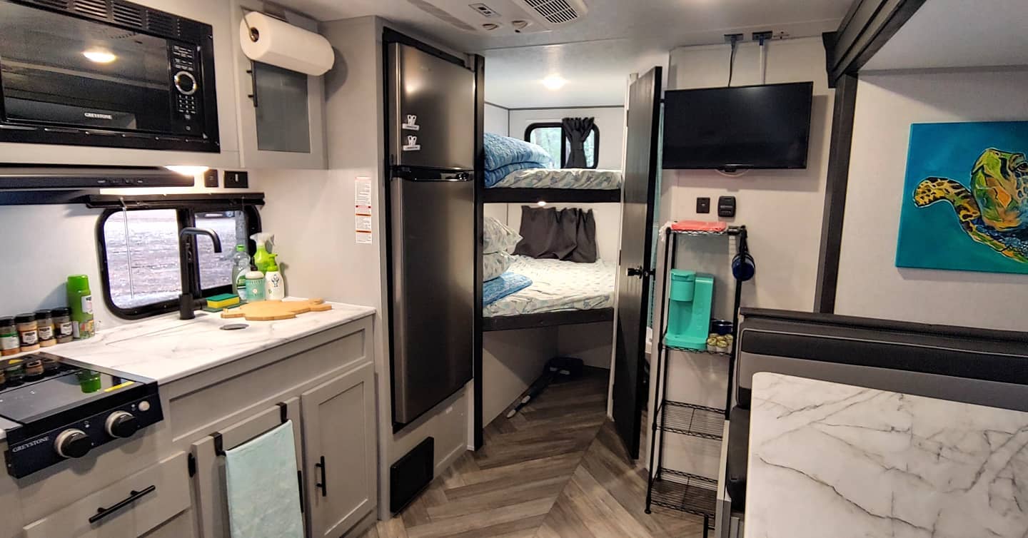 Full bunk beds with 2" mattress toppers added for comfort.. Forest River Salem 2022