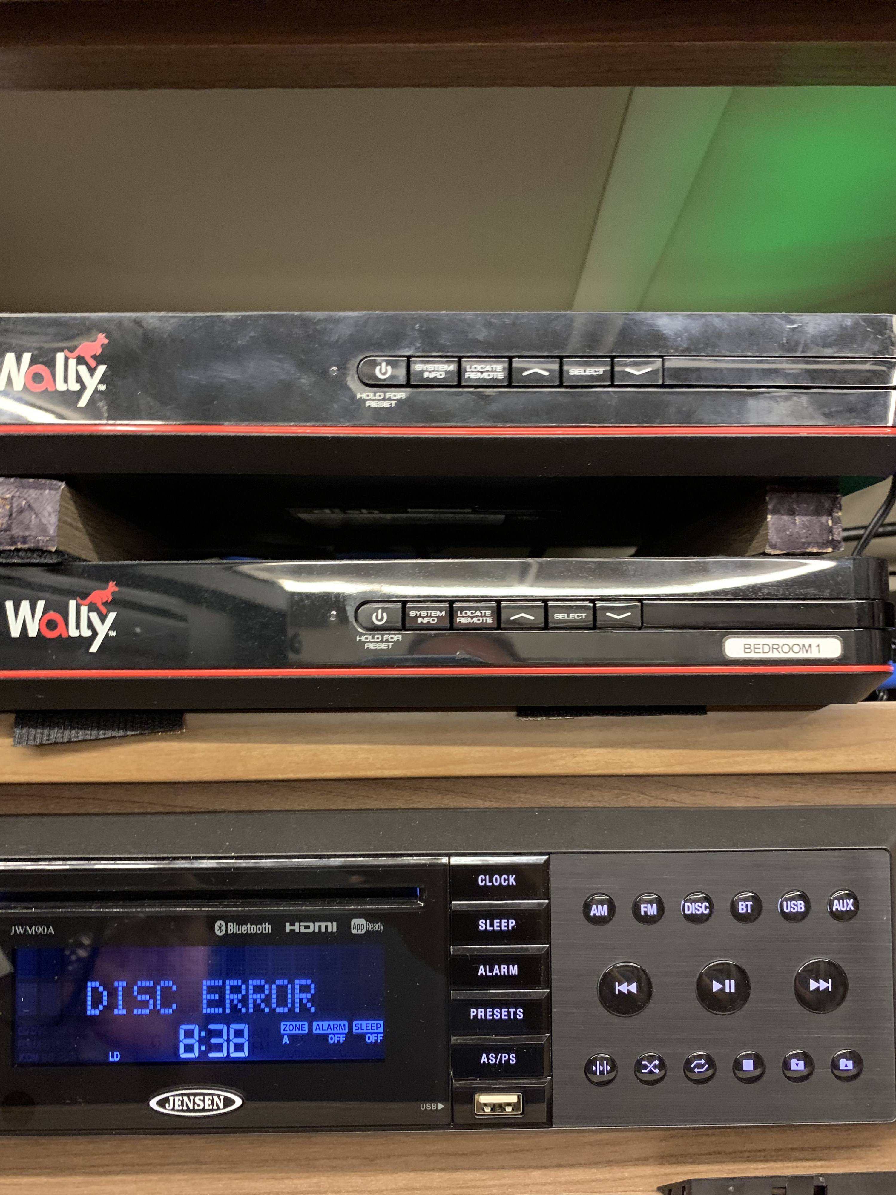RV rental entertainment: Stacked Wally receivers & Jensen stereo displaying 'DISC ERROR' at 8:38.. Winnebago View 2019