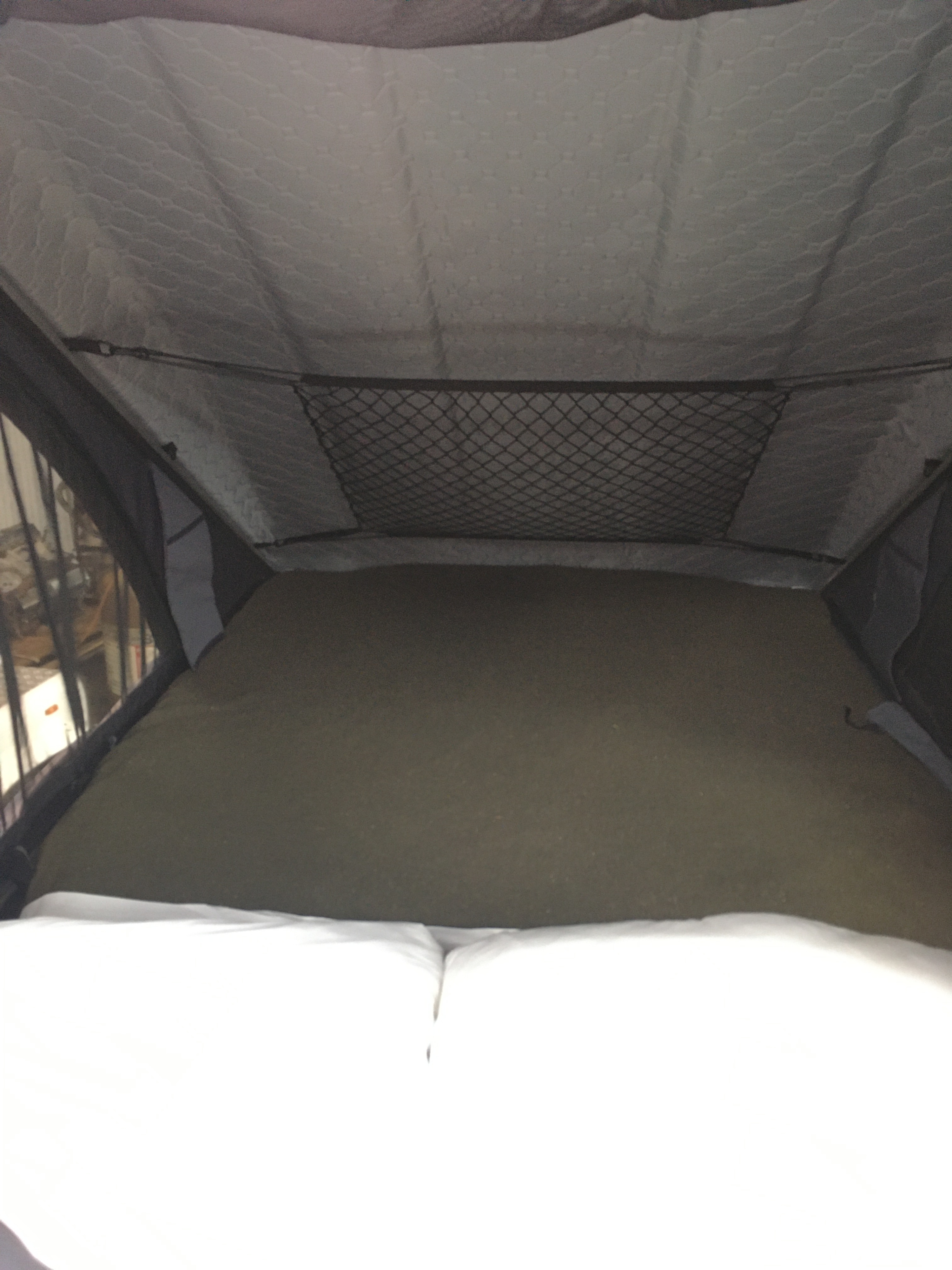 A view inside an RV rental showing a sleeping area with a green mattress, white pillows, and an overhead storage net.. Land Rover Discovery 2002