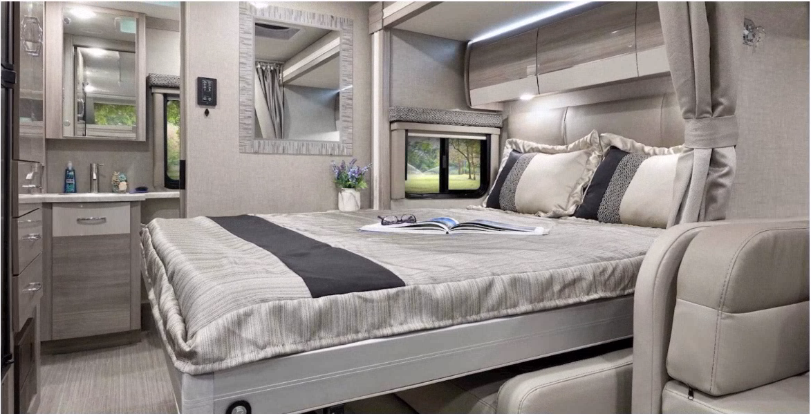 This murphy bed mechanically lowers and raises. Very comfortable and space saving. Allows for the coach to have two seating areas. . Thor Delano Sprinter 2020