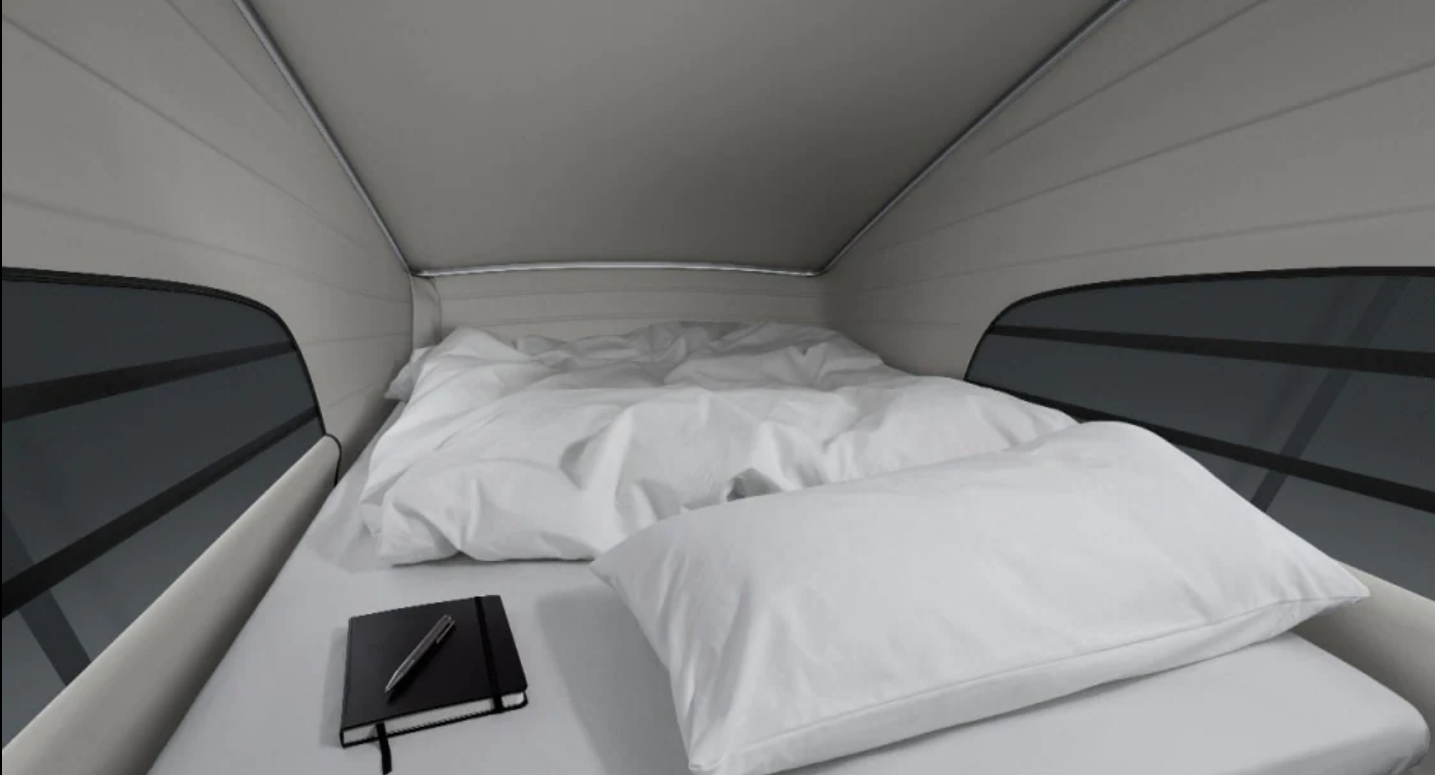 Cozy RV rental camper van bedroom: white bed with pillow & notebook. Ready for comfortable travel.. Mercedes Marco Polo 2022