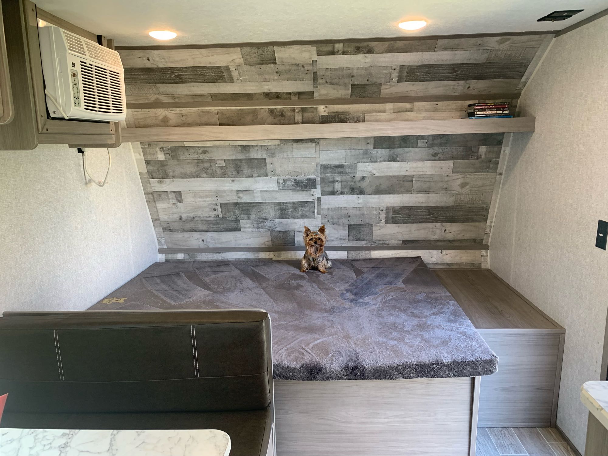 Inside an RV rental: a cozy bedroom features a bed with a grey cover, wood wall, AC, and a small dog sitting.. Coleman 17B Other 2022