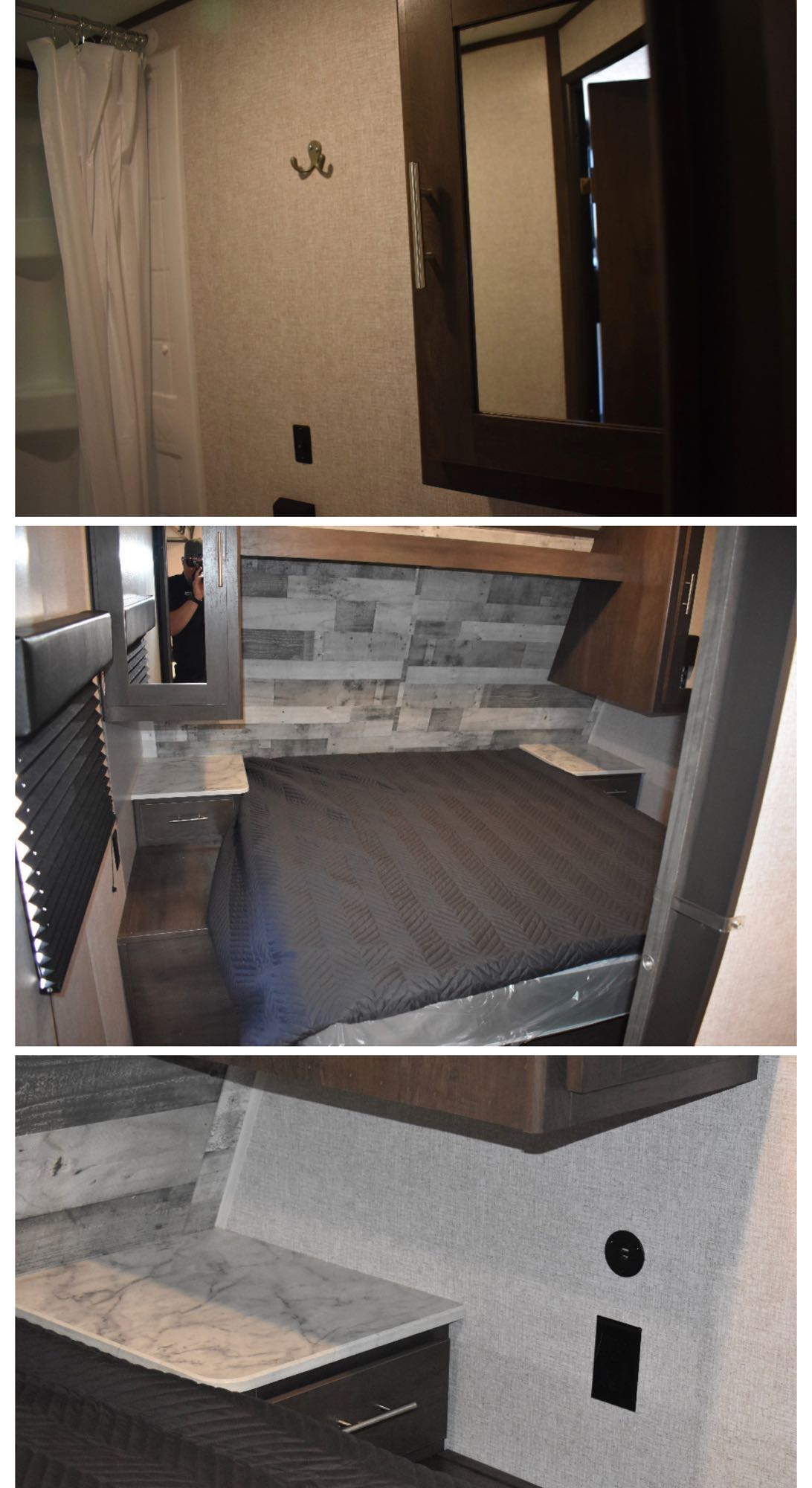 RV rental interior views: a clean bathroom with shower and a cozy bedroom featuring a bed, nightstand, and convenient outlets.. Dutchmen Coleman Lantern 2021