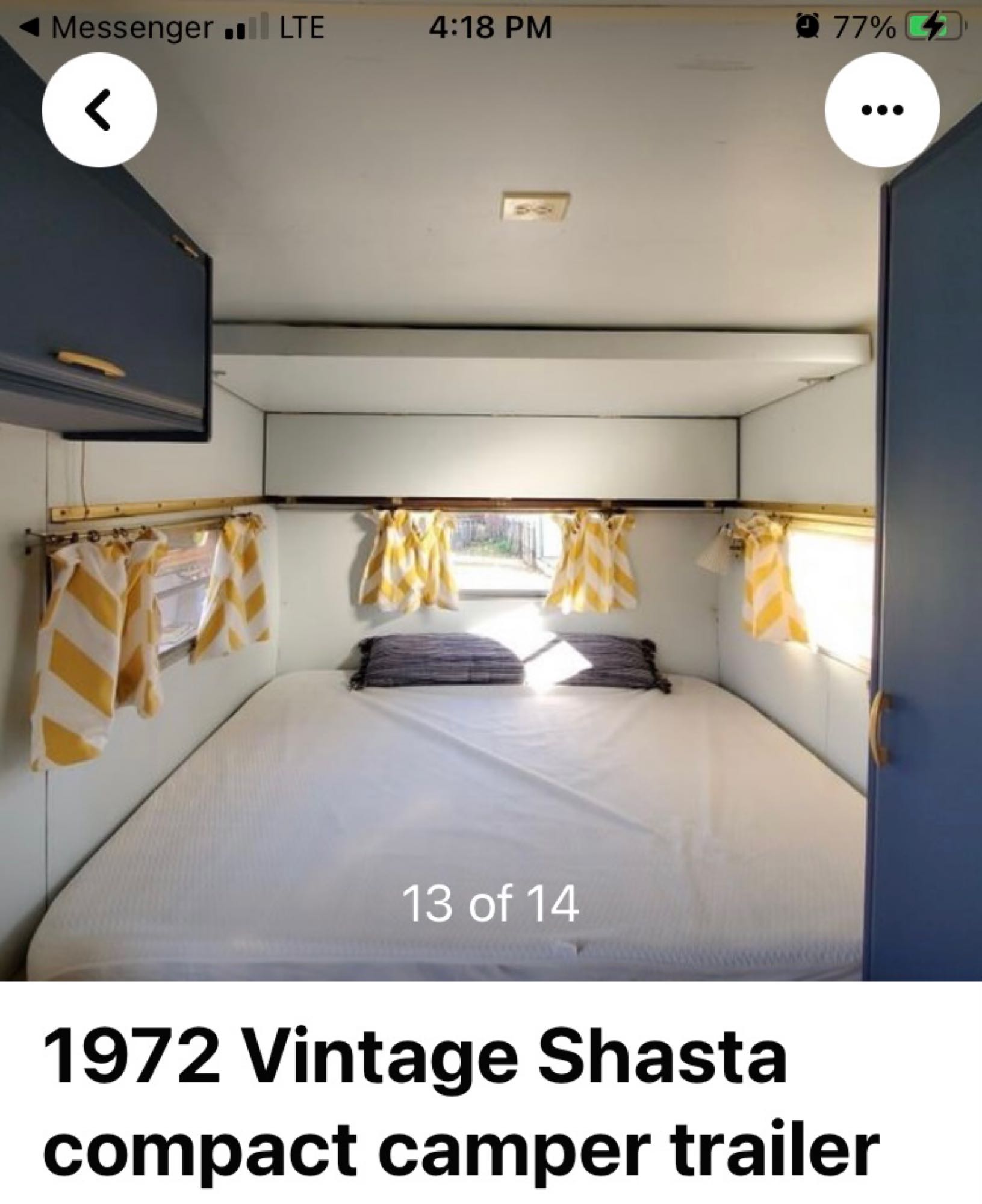 Queen bed with cute windows. Upper full bunk drops down and has storage for bedding. . Shasta compact 1972