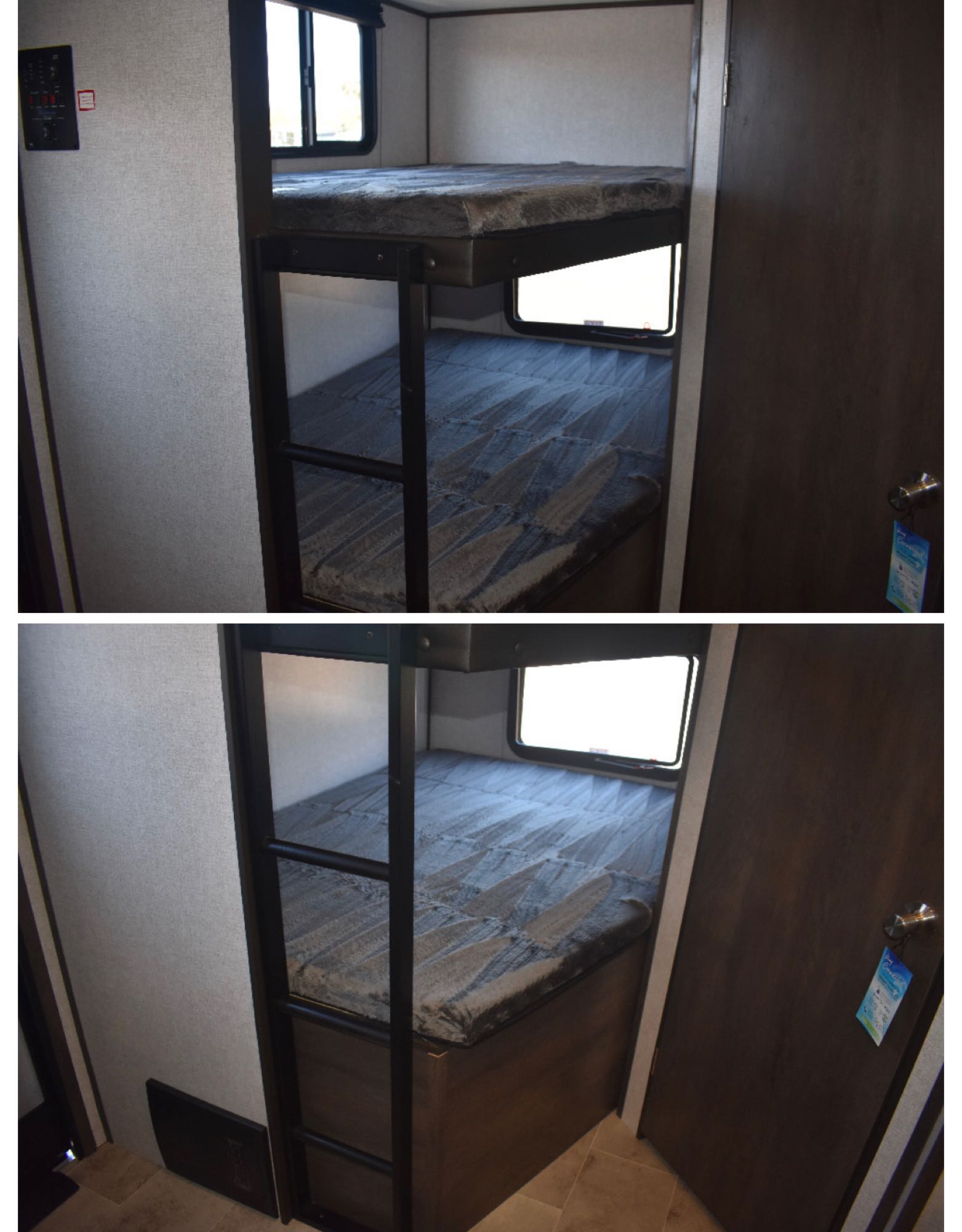 RV rental: Interior view of two-tier bunk beds with windows and a control panel, ideal for extra sleeping in a travel trailer.. Dutchmen Coleman Lantern 2021