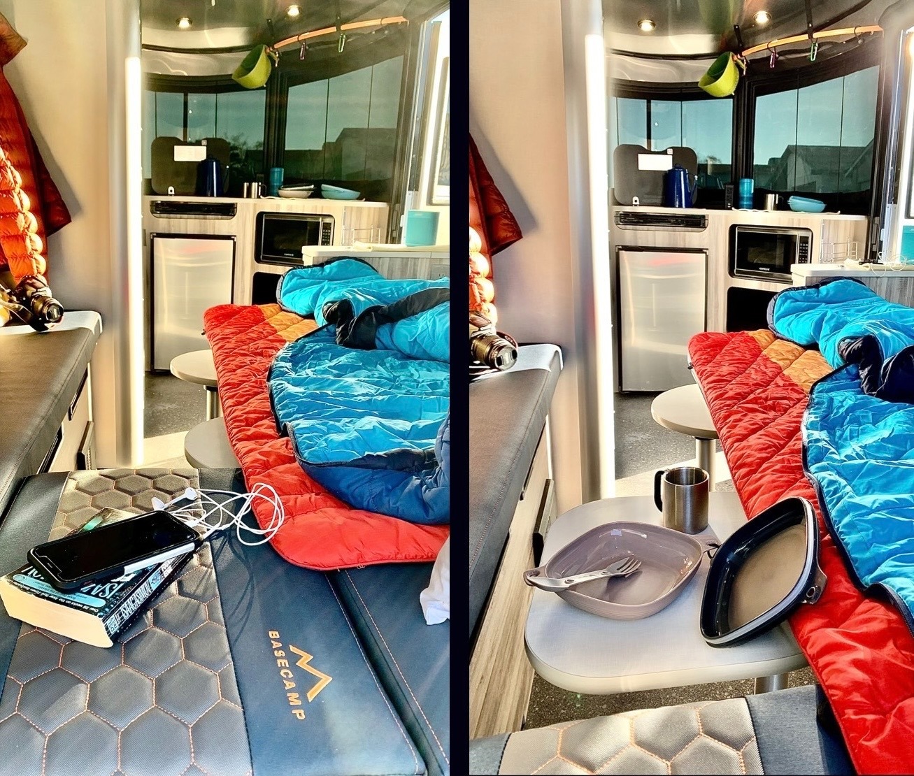 Inside a compact rv rental: a vibrant sleeping area, mini kitchen, and versatile seating with essentials. Perfect for mobile living.. Basecamp Basecamp 2022