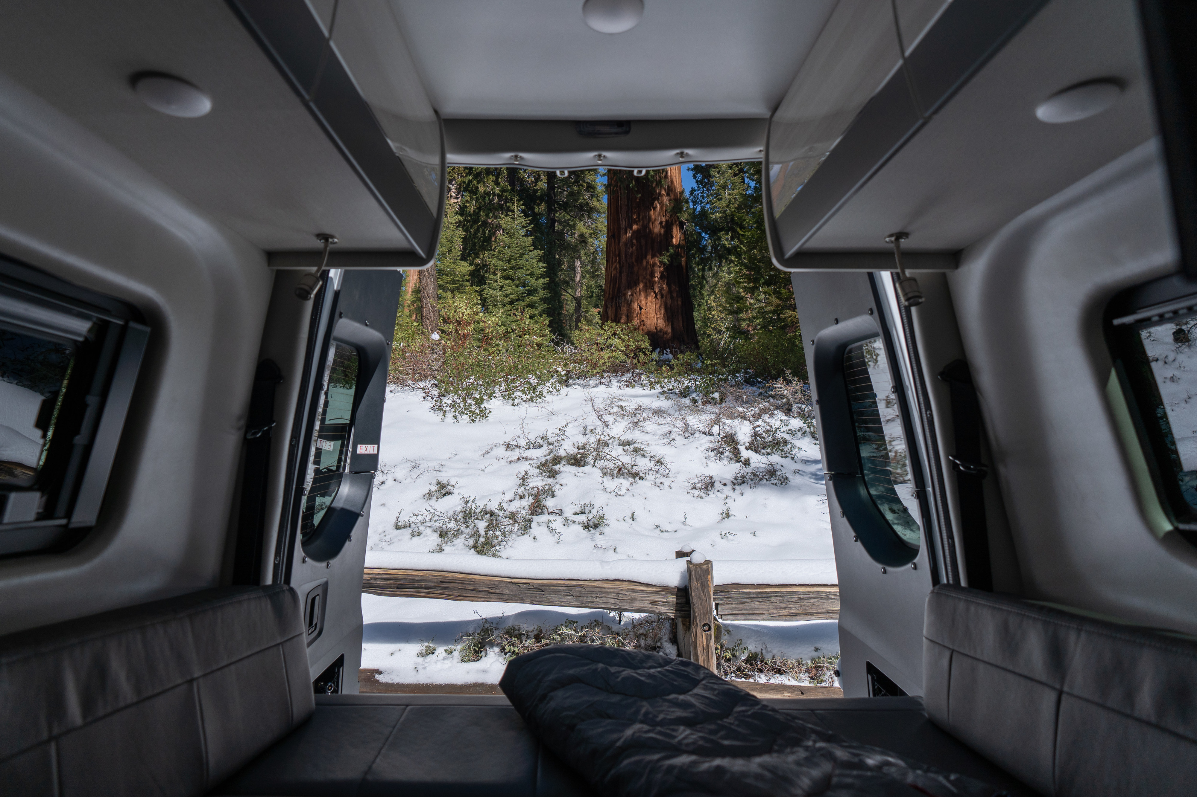 Embrace winter camping with this RV rental view! Cozy camper van looking out at snow-covered forest & giant redwood.. Thor Tranquility 2022
