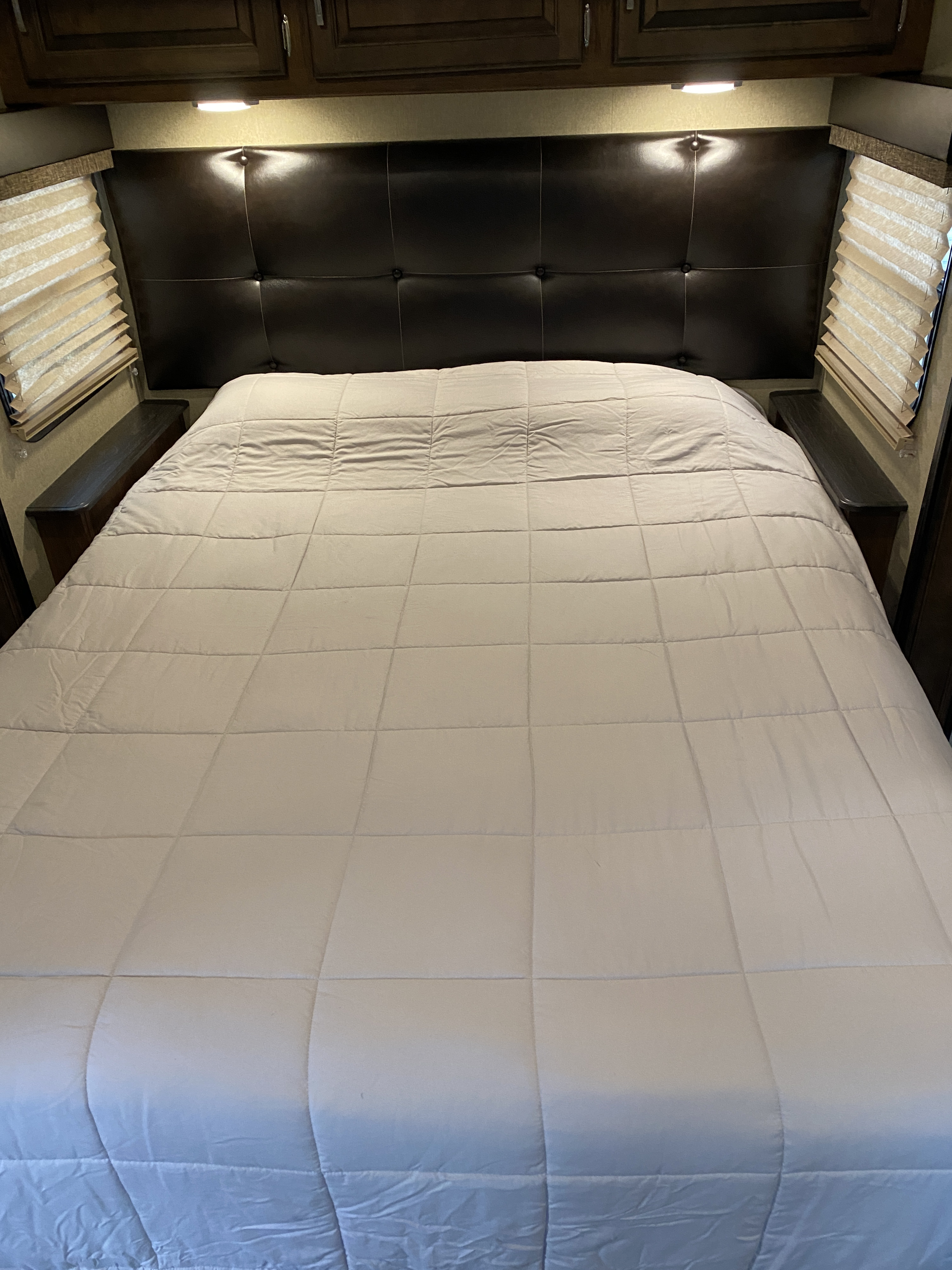 This RV rental bedroom offers a comfortable bed with a dark upholstered headboard, overhead lights, and built-in side tables.. Grand Design Reflection 2019