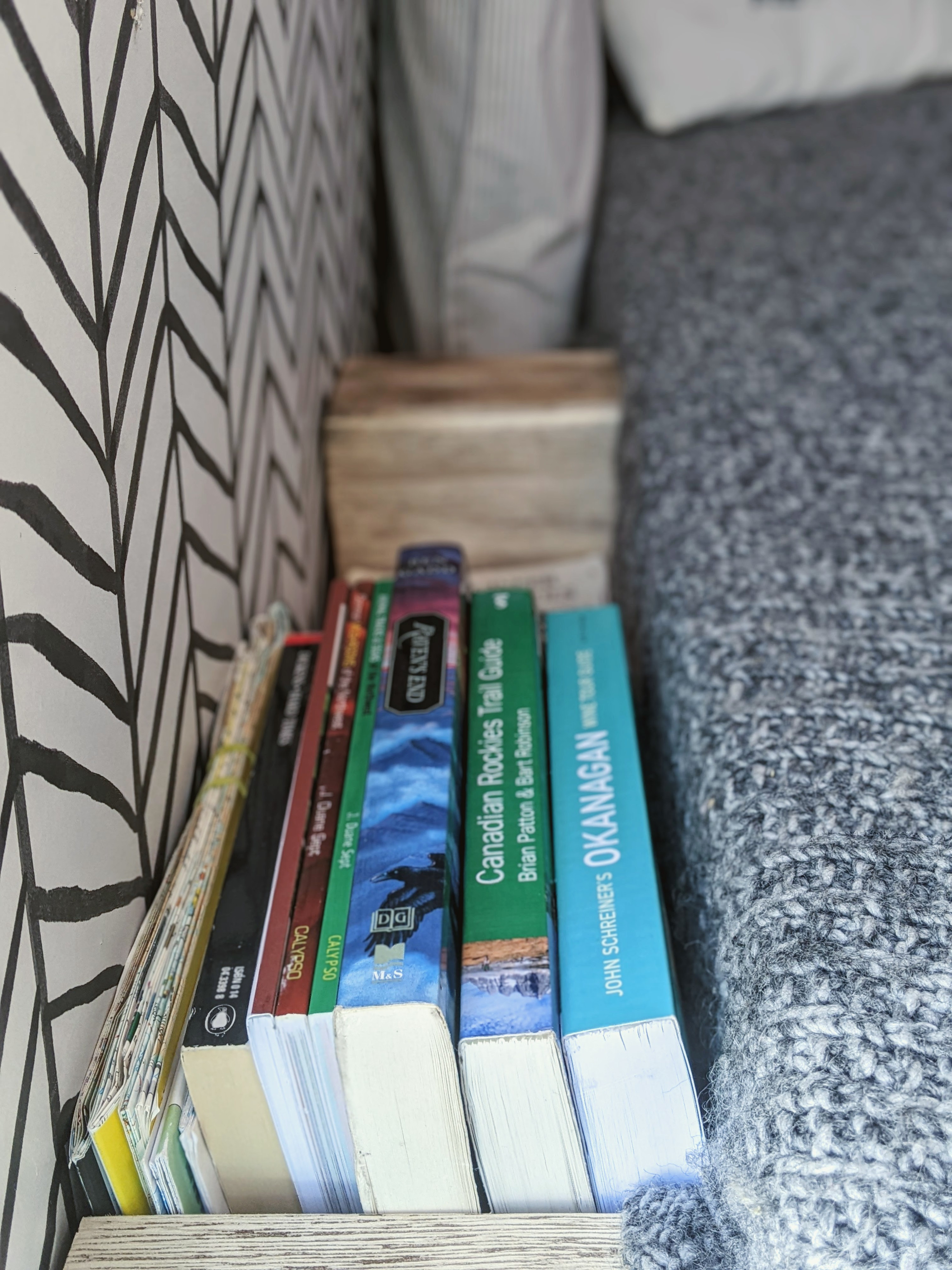 Travel guides for Canadian Rockies & Okanagan in a cozy rv rental reading nook next to a soft blanket. Ideal for trip planning.. Mercedes-Benz Mercedes Sprinter 2500 2015