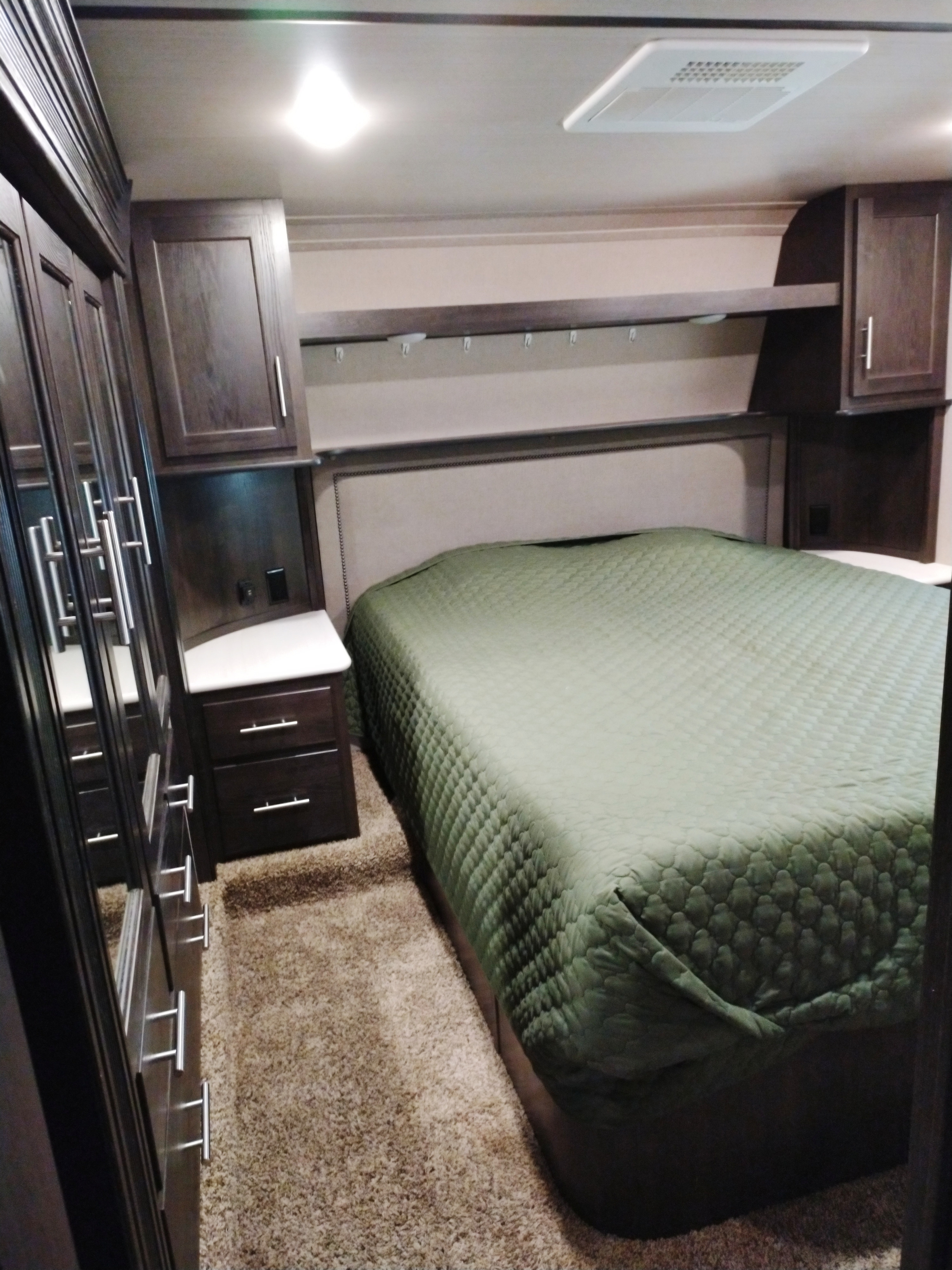 Master bed has been switched from original bed to a queen memory foam mattress. Forest River XLR Nitro Toy Hauler 2020