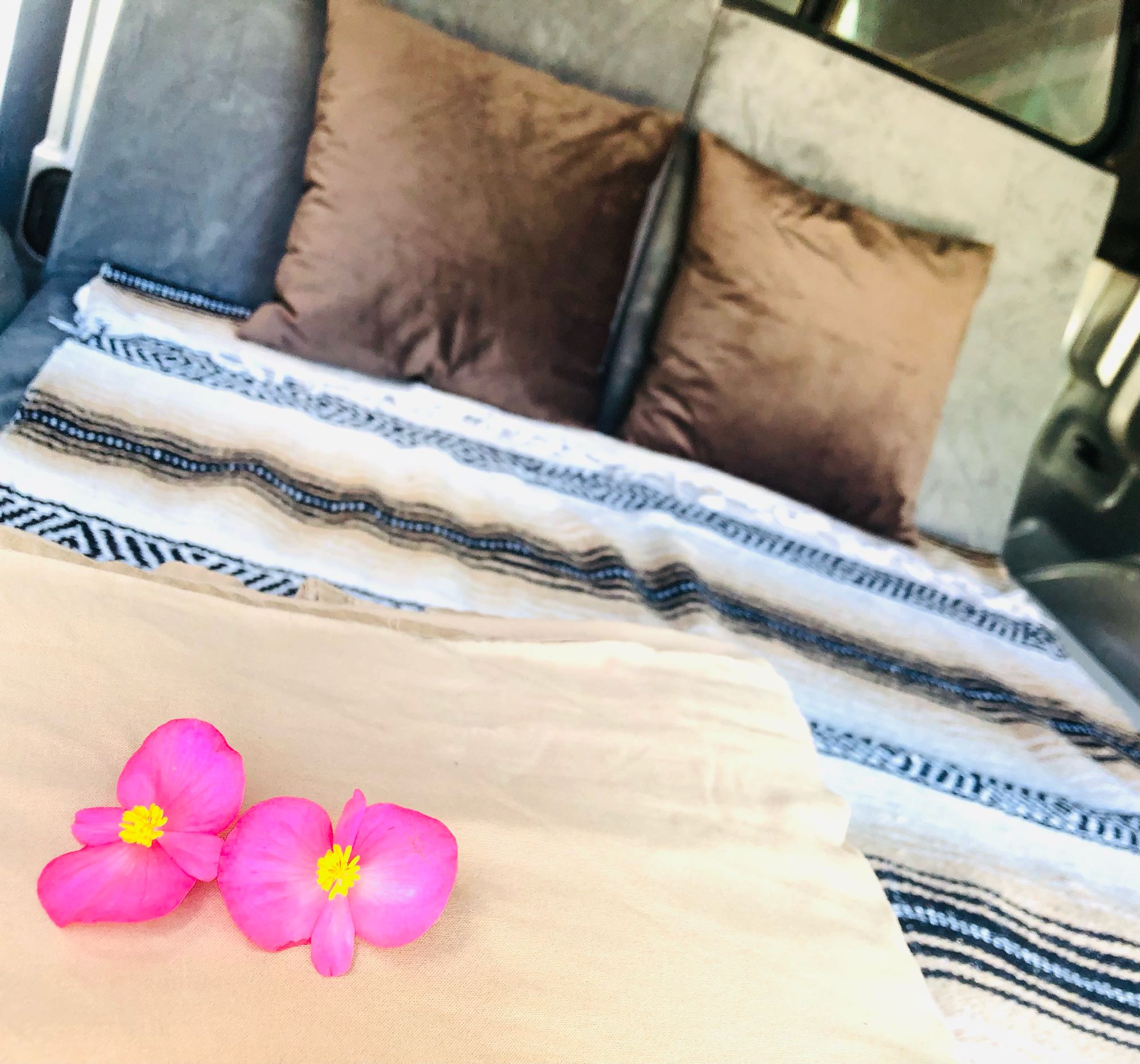 Comfortable RV rental bed featuring a patterned blanket, brown pillows, and two vibrant pink flowers.. Ford Ford F150 2011