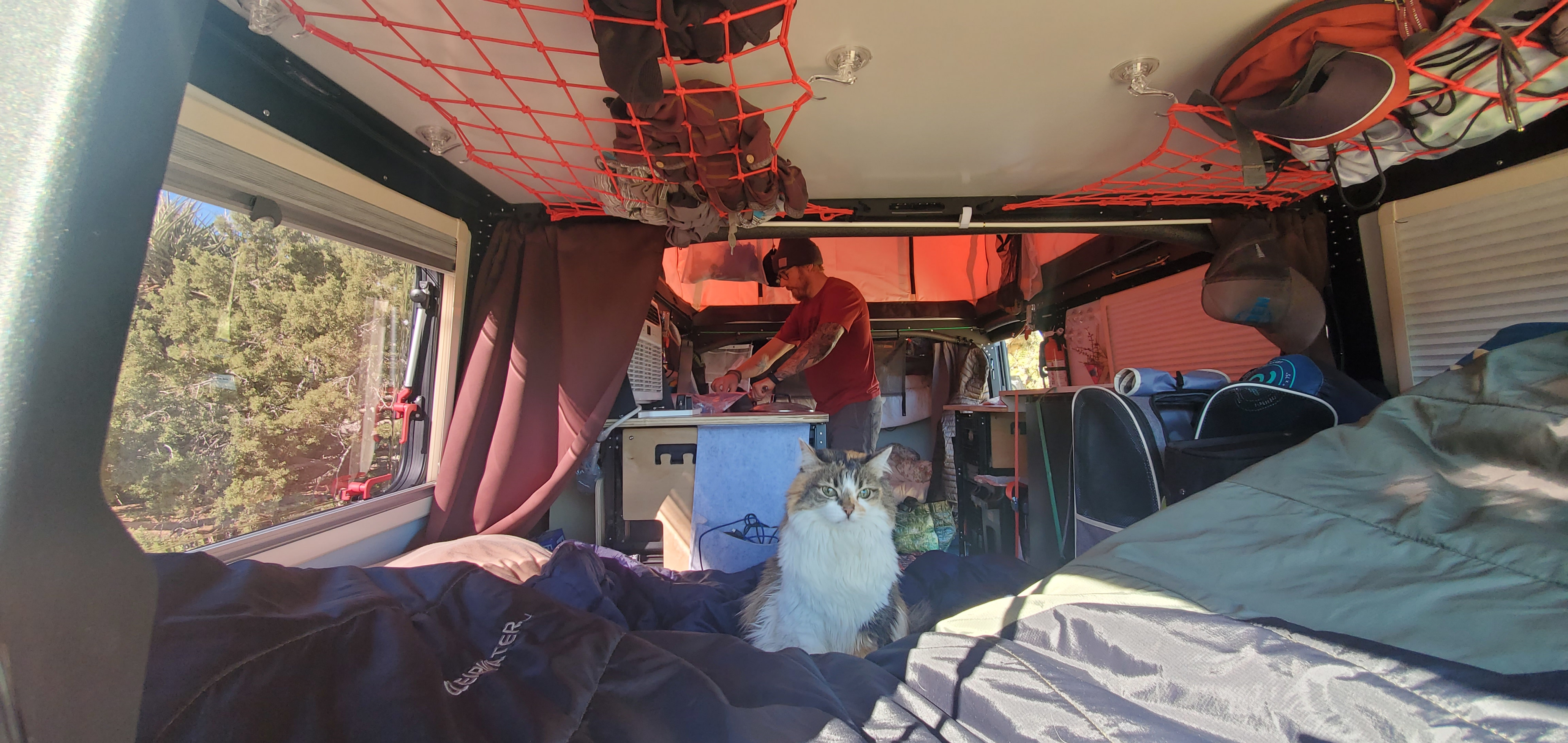 Cozy rv rental interior showing a man at a workstation and a fluffy cat on the bed. Efficient travel living!. TAXA Habitat Mantis 2021