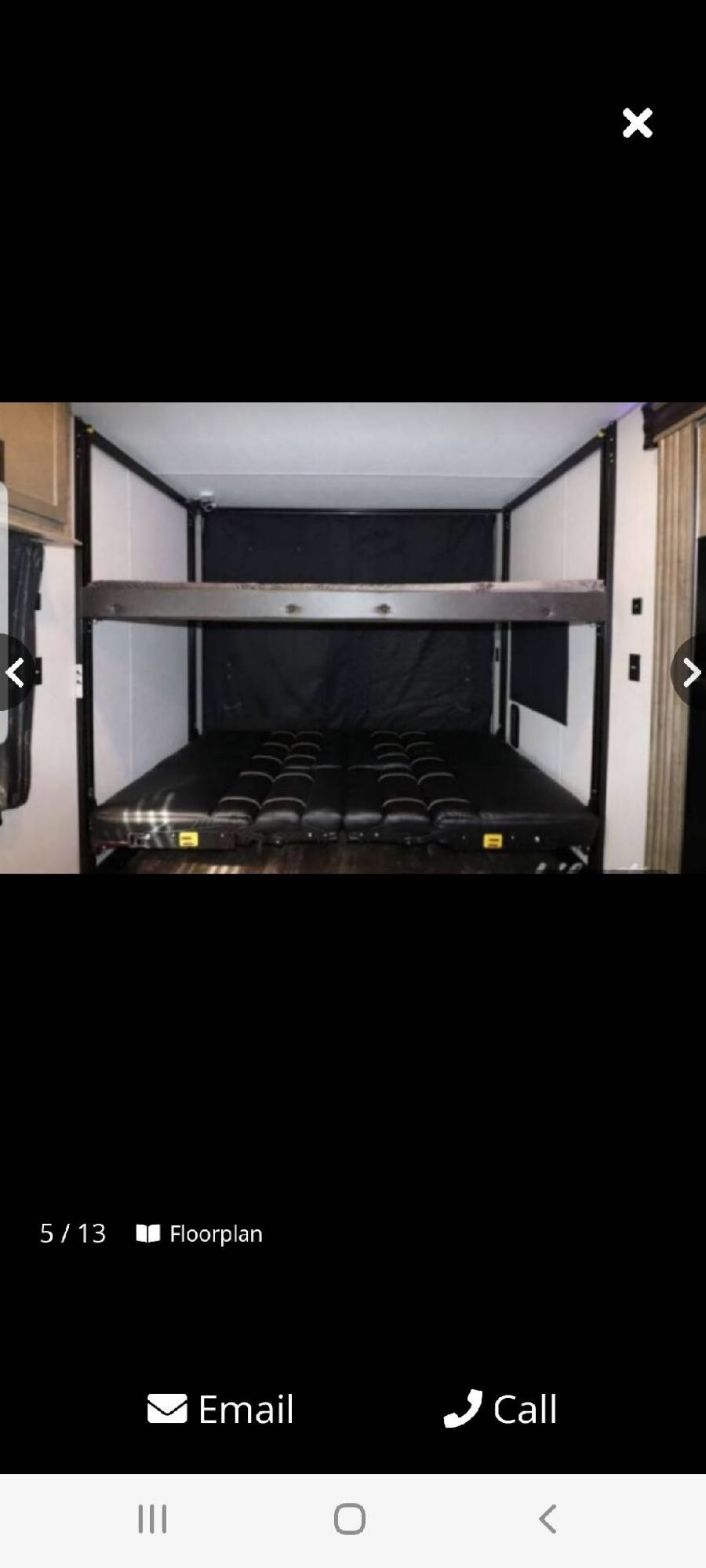 RV rental interior: Stacked bunk beds with a lower convertible sleeping area, ideal for group travel.. Forest River Wolf Pack 2019