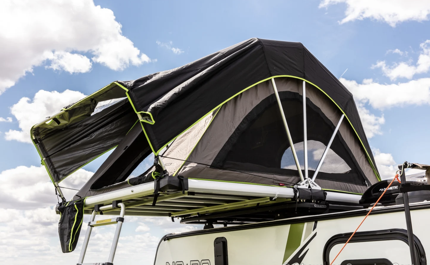 Rooftop tent deployed. Forest River NoBo 10.6 2022