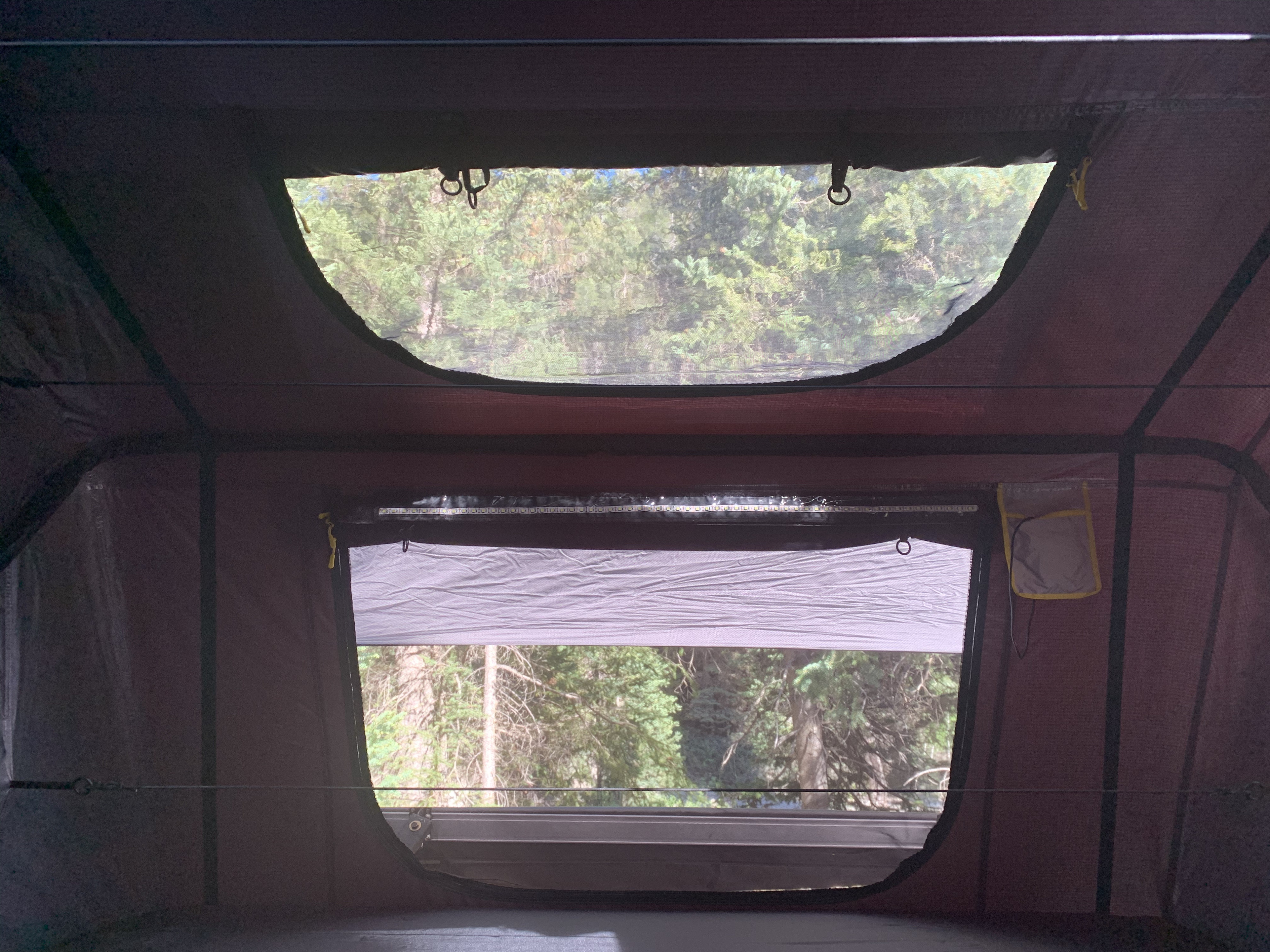 Serene nature view from an RV rental's rooftop tent, showing trees through mesh windows and a partial blind.. Smittybilt Overlander XL Gen 2 RTT 2021