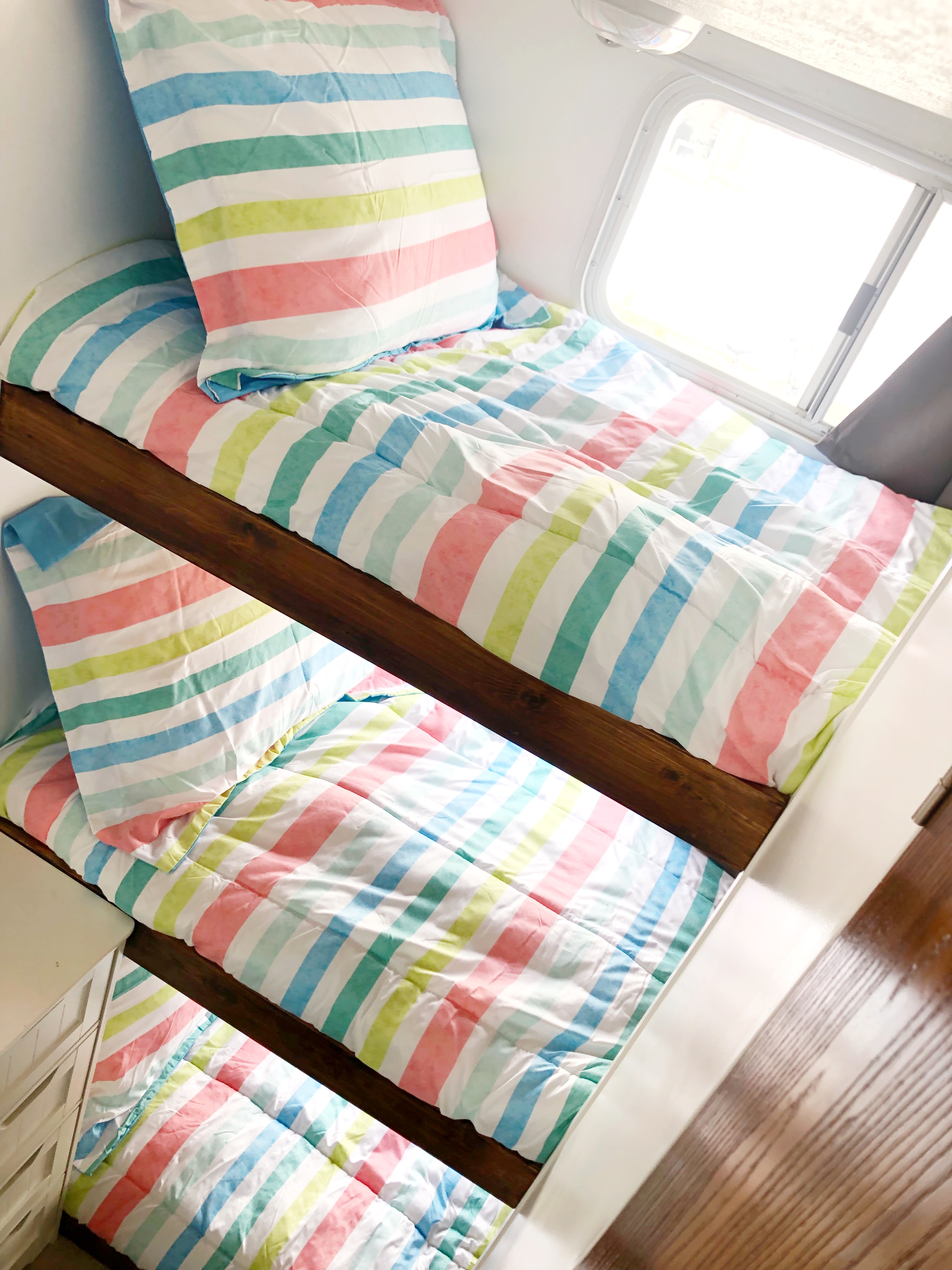 Cozy RV bunk beds with vibrant striped bedding for your next rv rental adventure!. Layton Layton Trailer 2006
