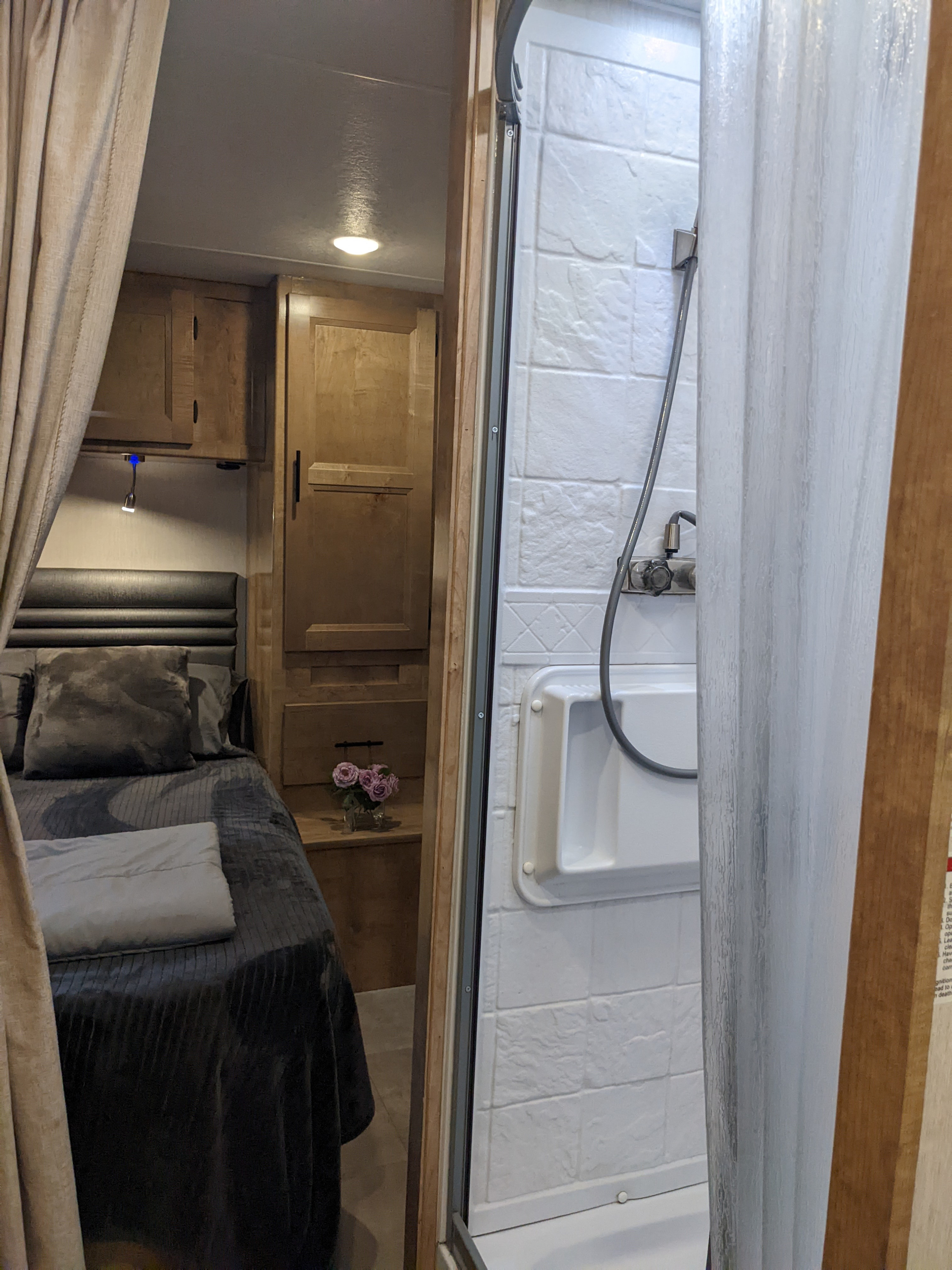 Inside an RV rental: a cozy bedroom with a reading light and an adjacent compact shower for comfortable travel.. Coachmen Leprechaun 2021