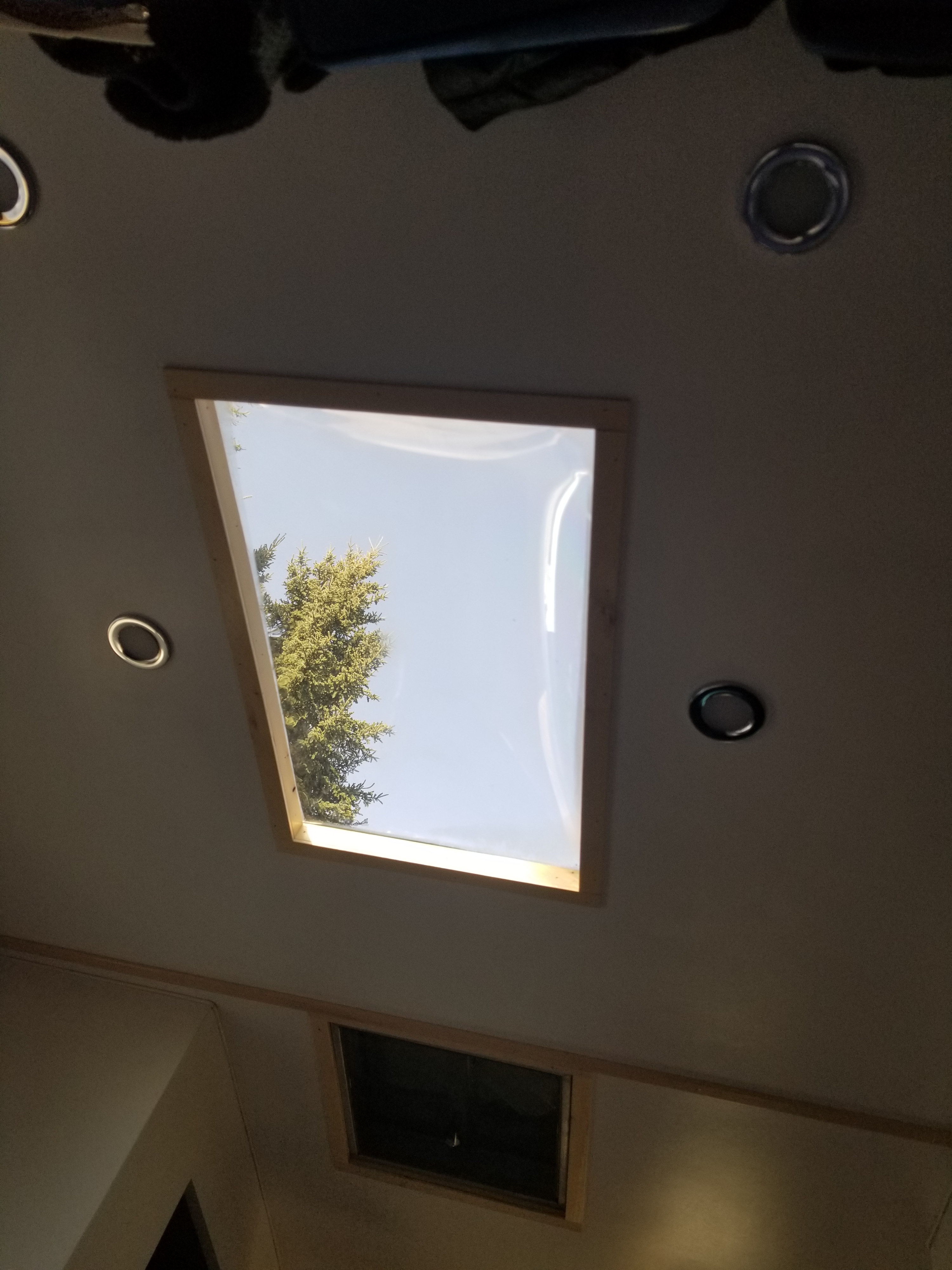 Looking up in an RV rental: a skylight reveals a tree and blue sky. Features modern recessed lighting.. Shasta Airflyte 1969