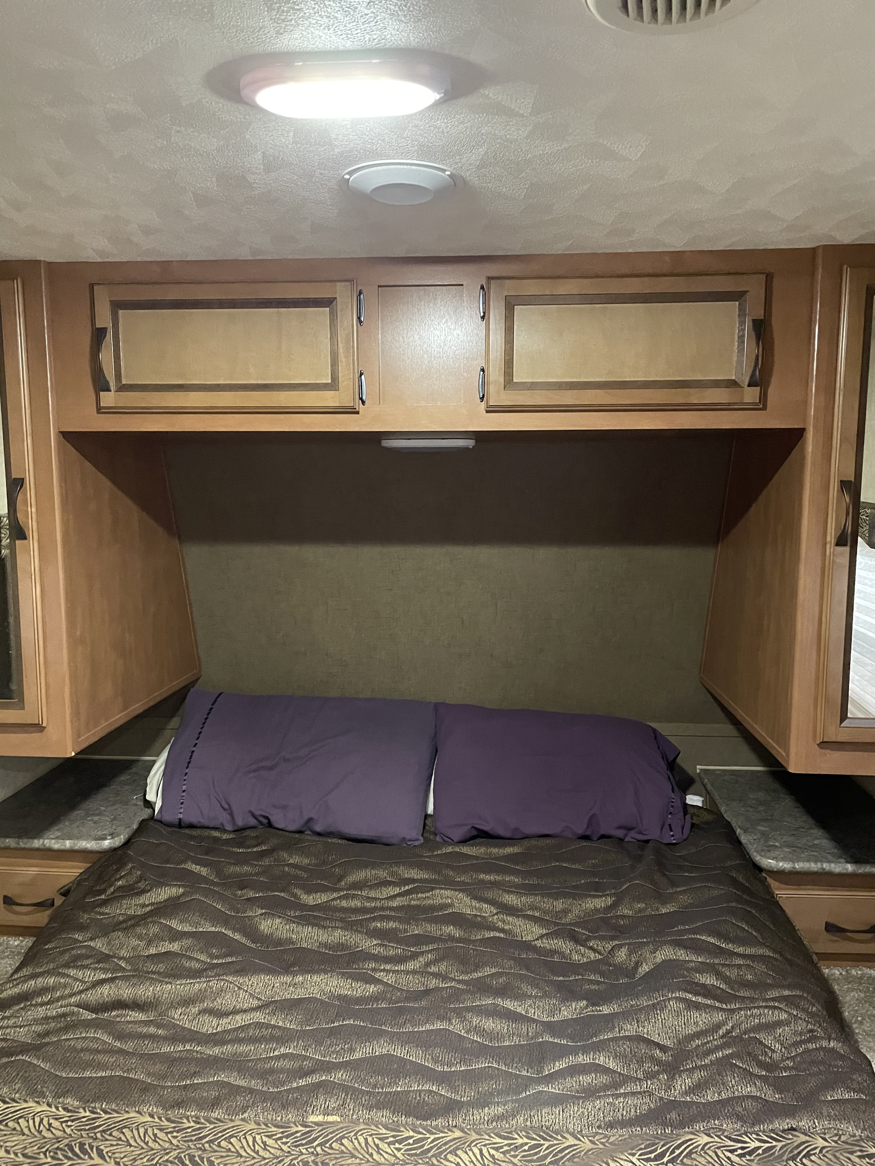 Comfortable RV rental bedroom featuring a cozy bed with purple pillows, ample overhead cabinets, and practical lighting.. Other Other 2014