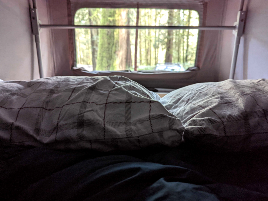 Cozy RV rental bed with a serene forest view outside the camper window, inviting peaceful nature travel.. Volkswagen T4 Westfalia 1993