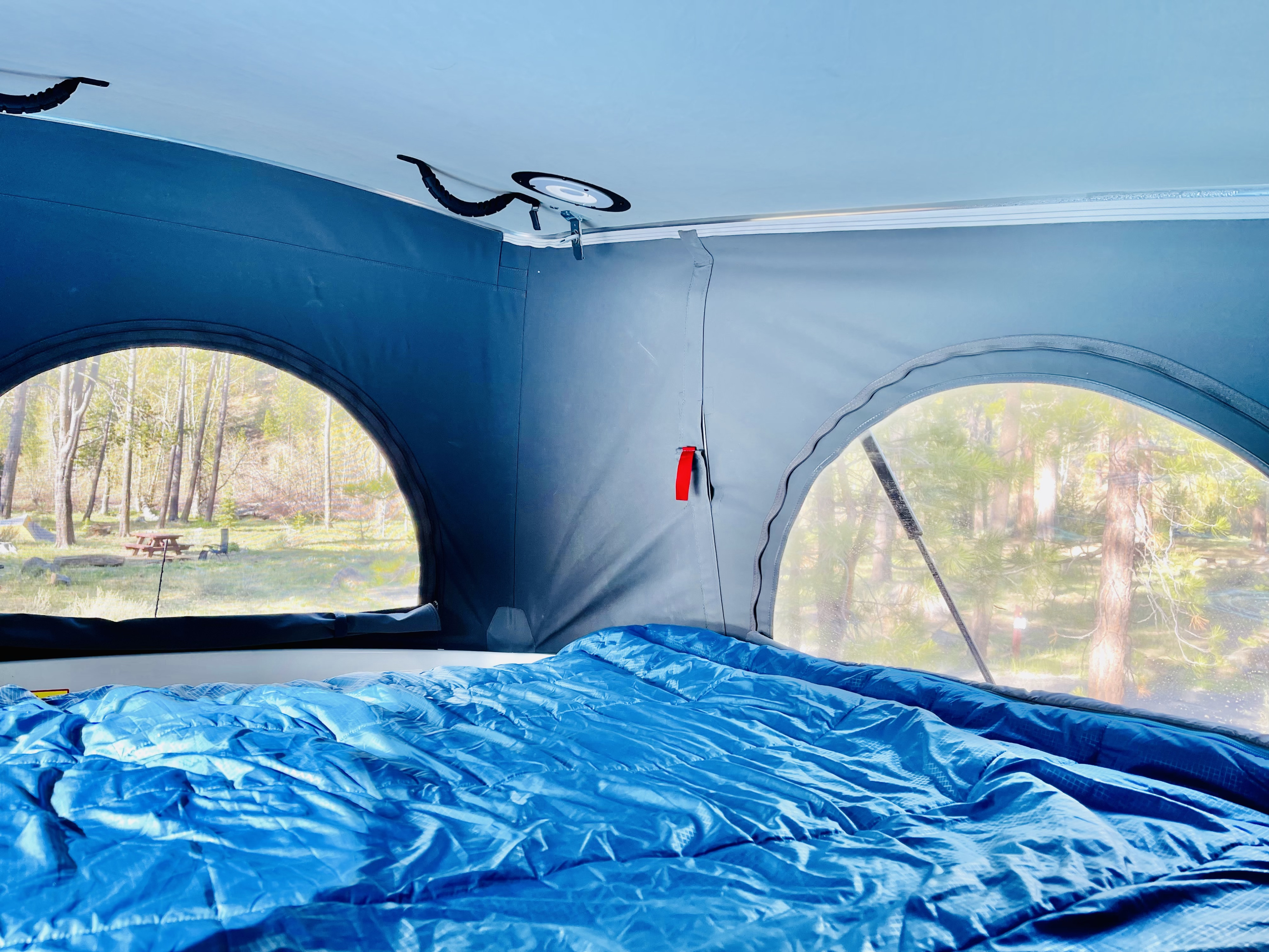 RV rental interior with cozy blue bedding, offering scenic views of a forest campground from pop-top windows.. Winnebago Solis 2022