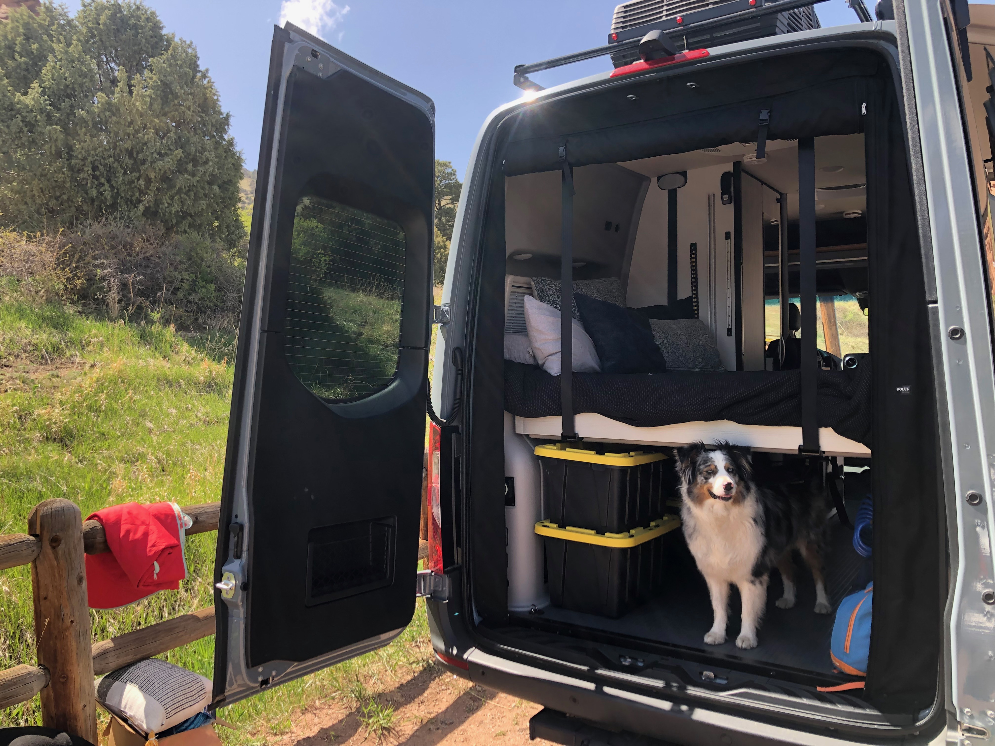 Pet-friendly rv rental with rear doors open, showing a cozy bed and storage. A dog stands inside, ready for outdoor adventure.. Winnebago Revel 2022