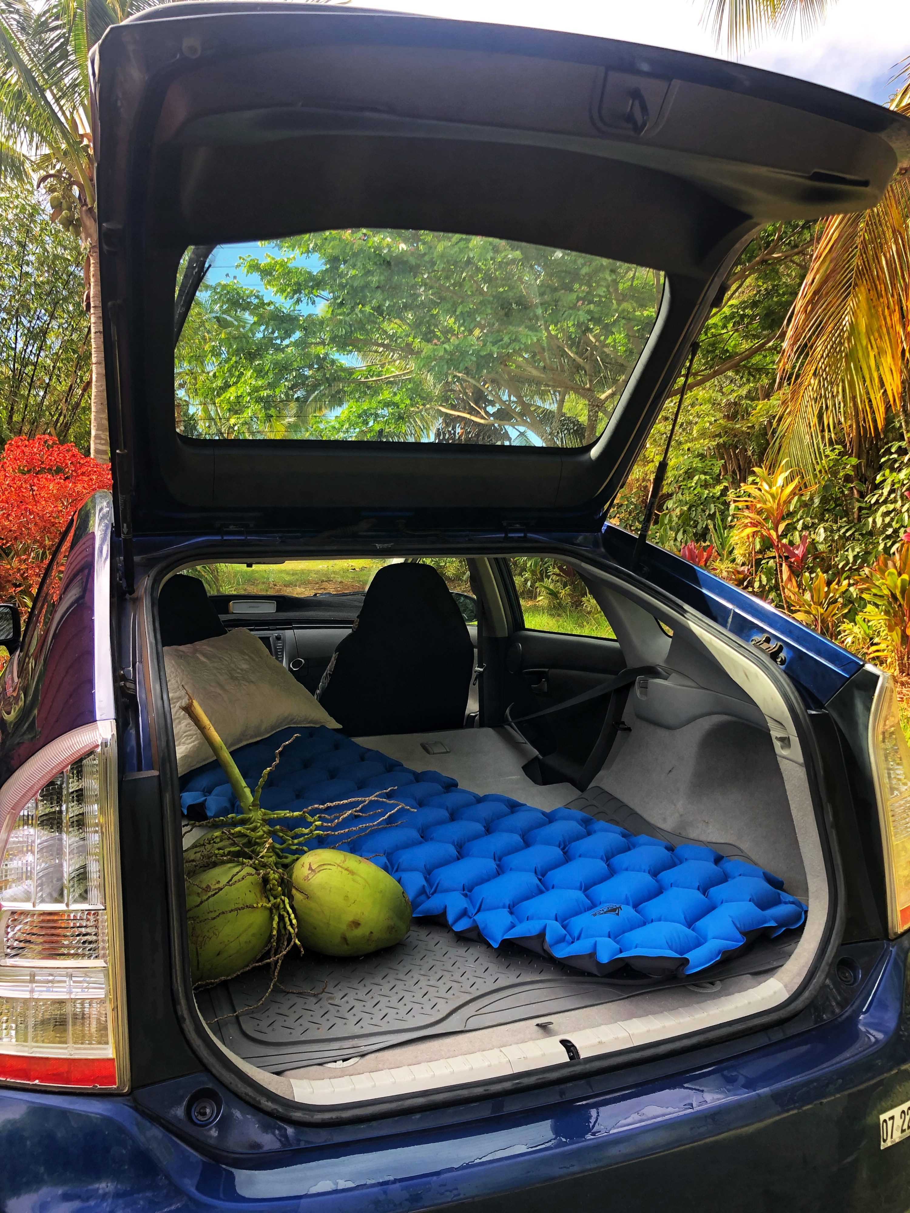 Cozy car camping setup in a tropical paradise. Blue sleeping pad & coconuts for adventure. A smart alternative to an RV rental.. Custom Camper 2010