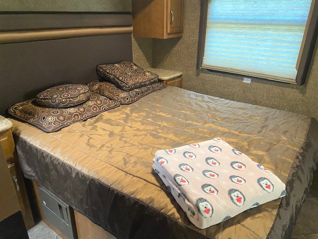 Cozy RV rental bedroom with a comfy bed, decorative pillows, and a cute hedgehog blanket.. Thor ACE 2015