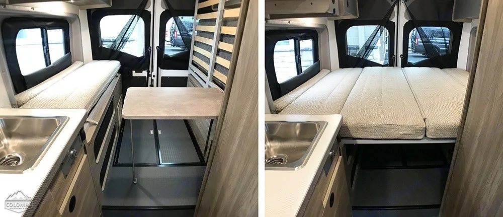 RV rental interior shows convertible bed/table layout & kitchen sink. Perfect for flexible travel in a camper van.. Winnebago Solis 2023